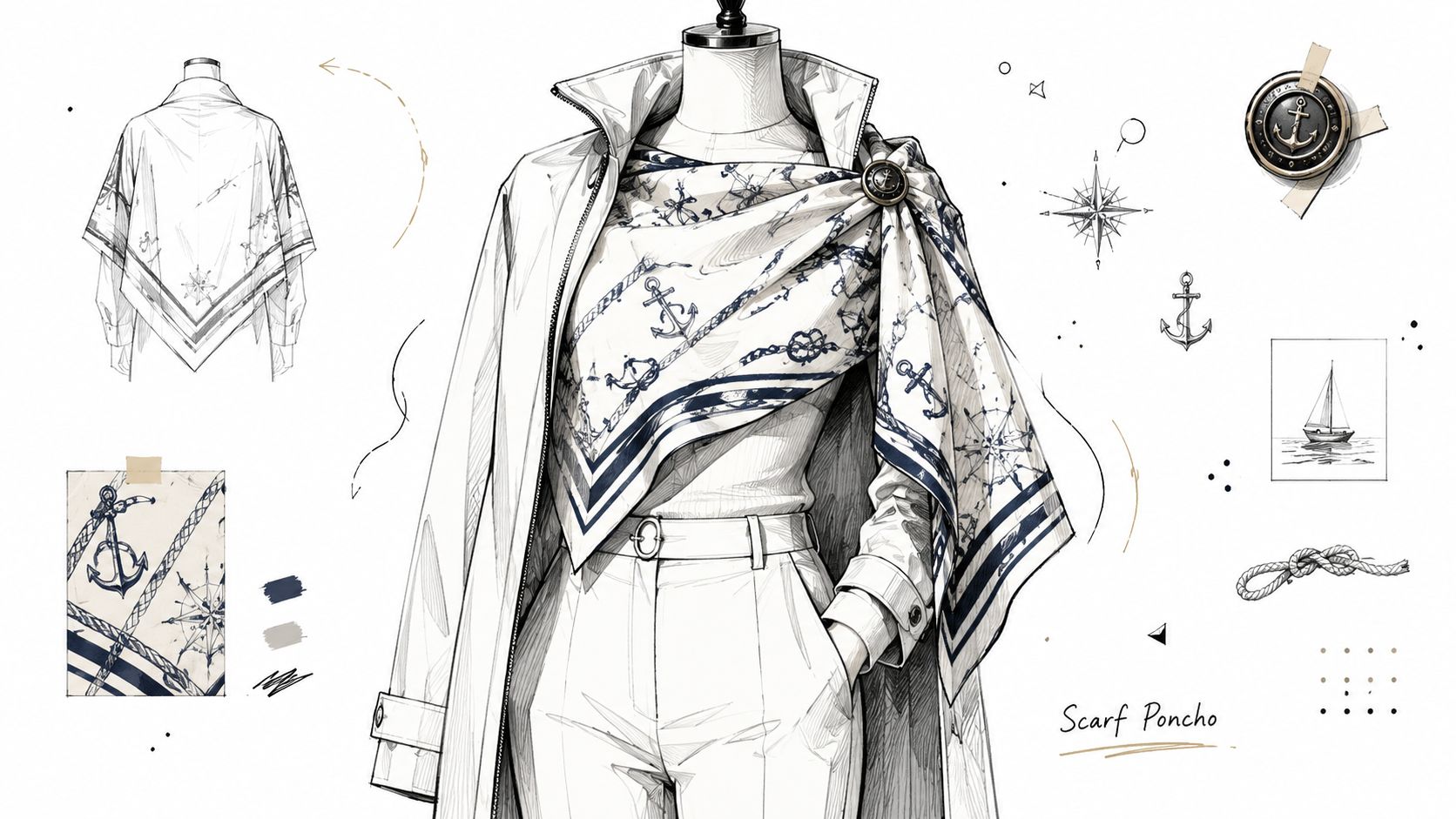 A sophisticated nautical-themed fashion sketch featuring a scarf poncho paired with a classic trench coat and trousers.