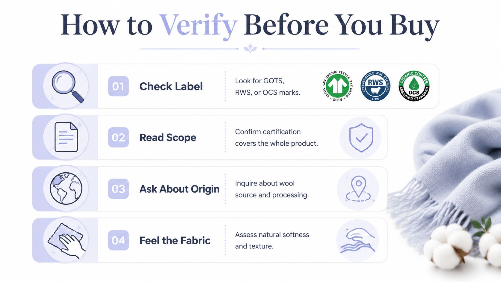 A four-step infographic guide on how to verify the authenticity and sustainability of organic wool fabrics.