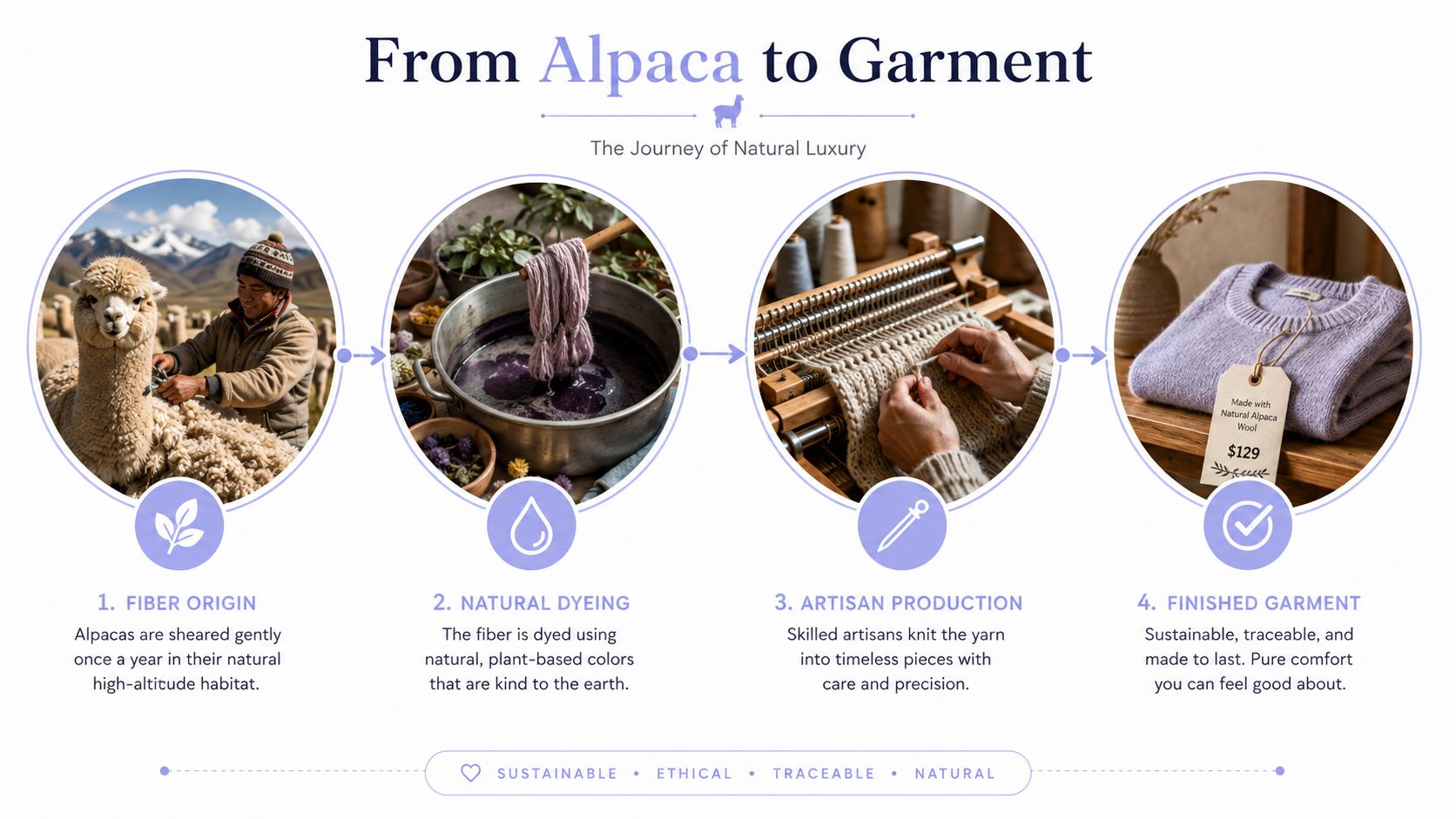 A four-step infographic illustrating the ethical and sustainable production journey from alpaca wool to a finished garment.