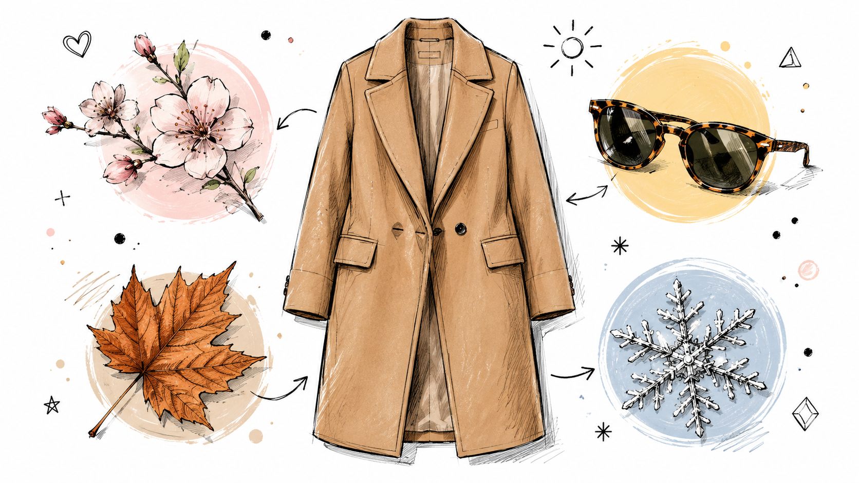 A digital illustration featuring a camel colored coat surrounded by symbols for four seasons: spring flowers, summer sunglasses, autumn leaf, and winter snowflake.