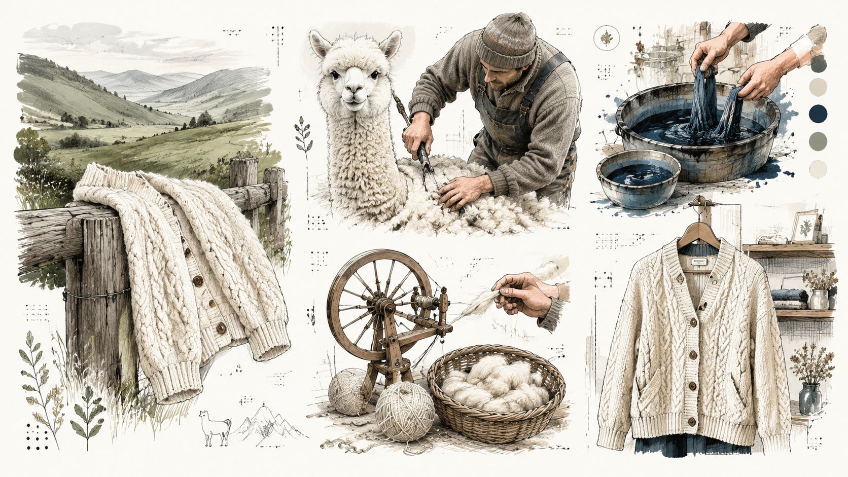 A detailed illustration showing the production process of an alpaca wool sweater, from shearing to finished product.