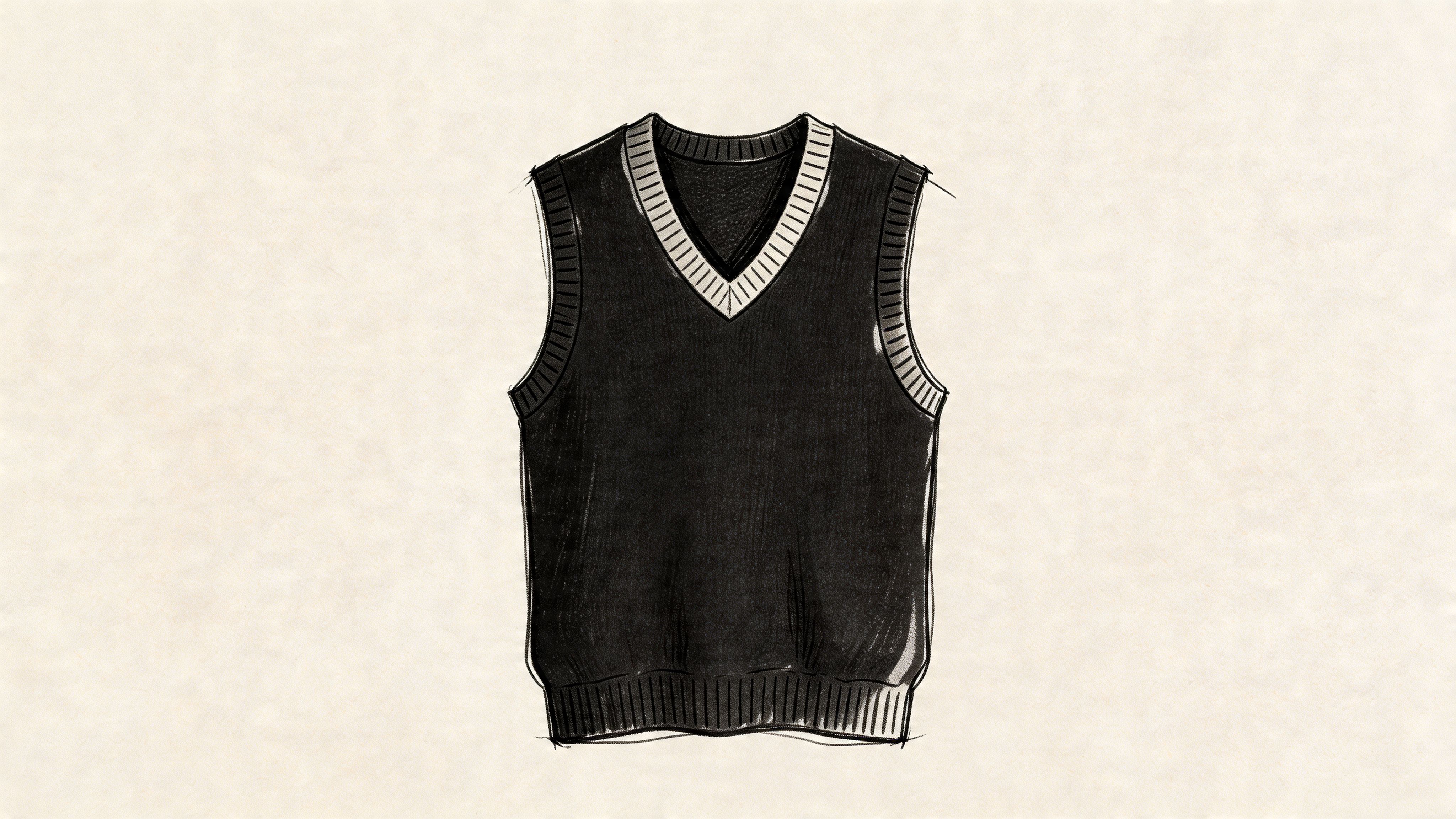 A minimalist sketch of a black sleeveless v-neck jumper vest against a neutral cream-colored background.