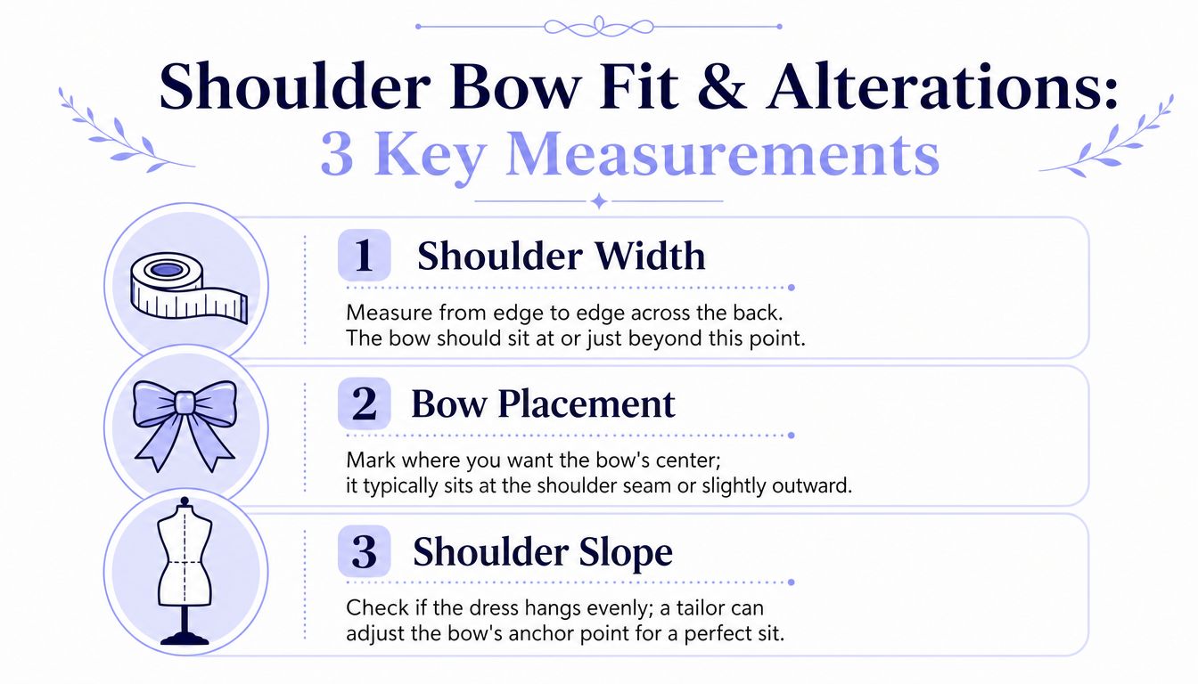 A guide illustrating three key measurements for fitting shoulder bows on dresses for a perfect look.