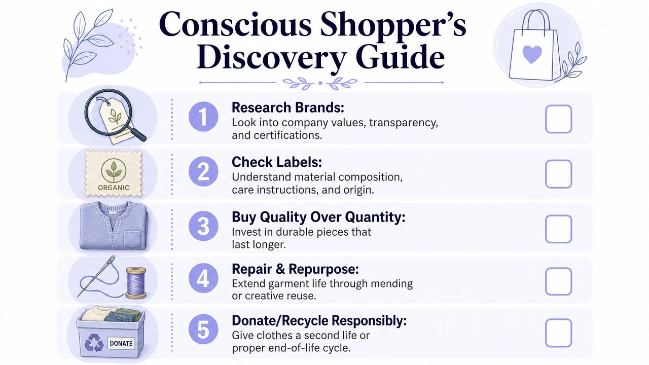 A five-step infographic guide for conscious shopping, promoting sustainable fashion choices and responsible clothing consumption habits.