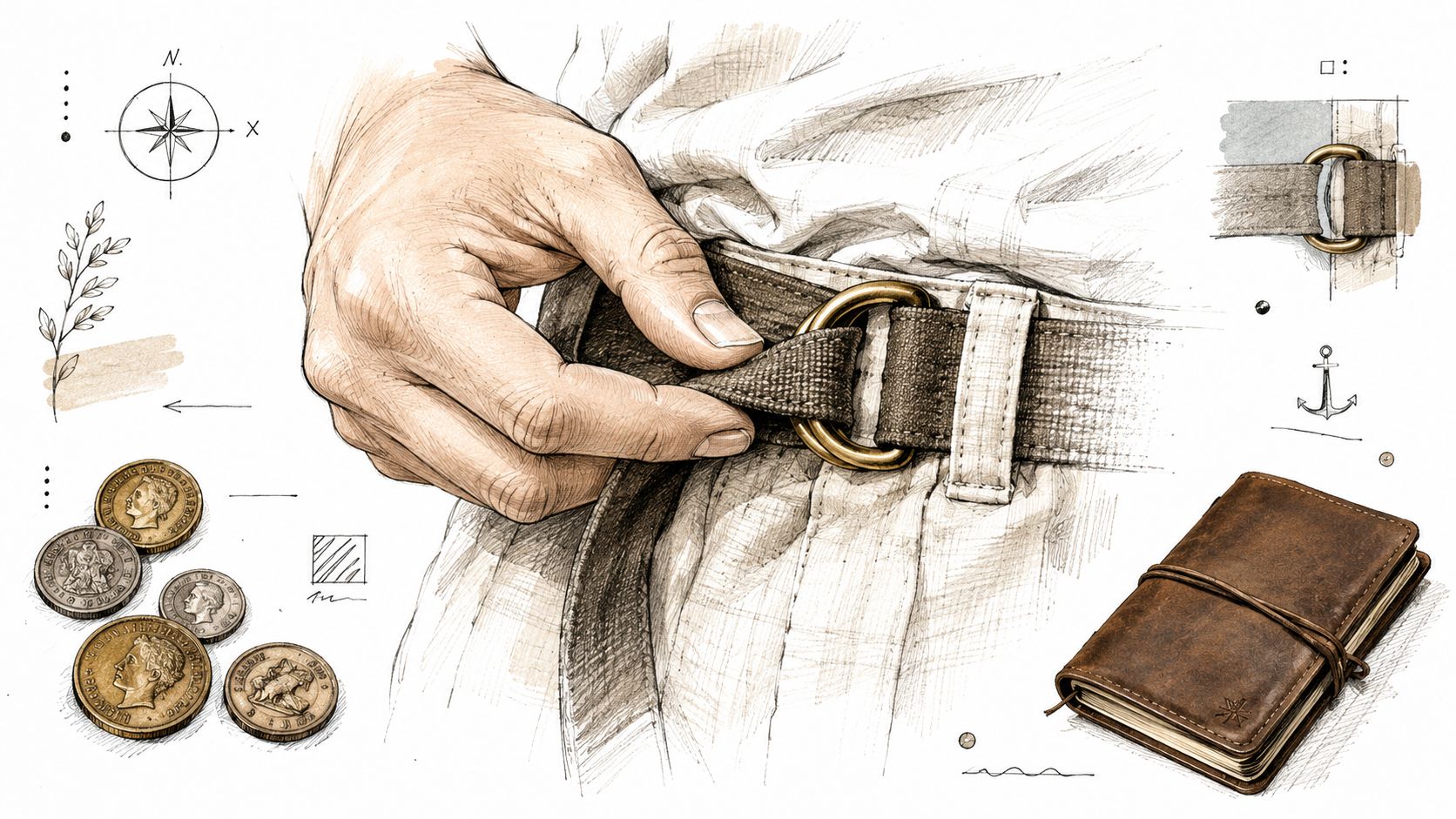A detailed technical drawing of a person adjusting a belt with brass D-rings, surrounded by vintage accessories.
