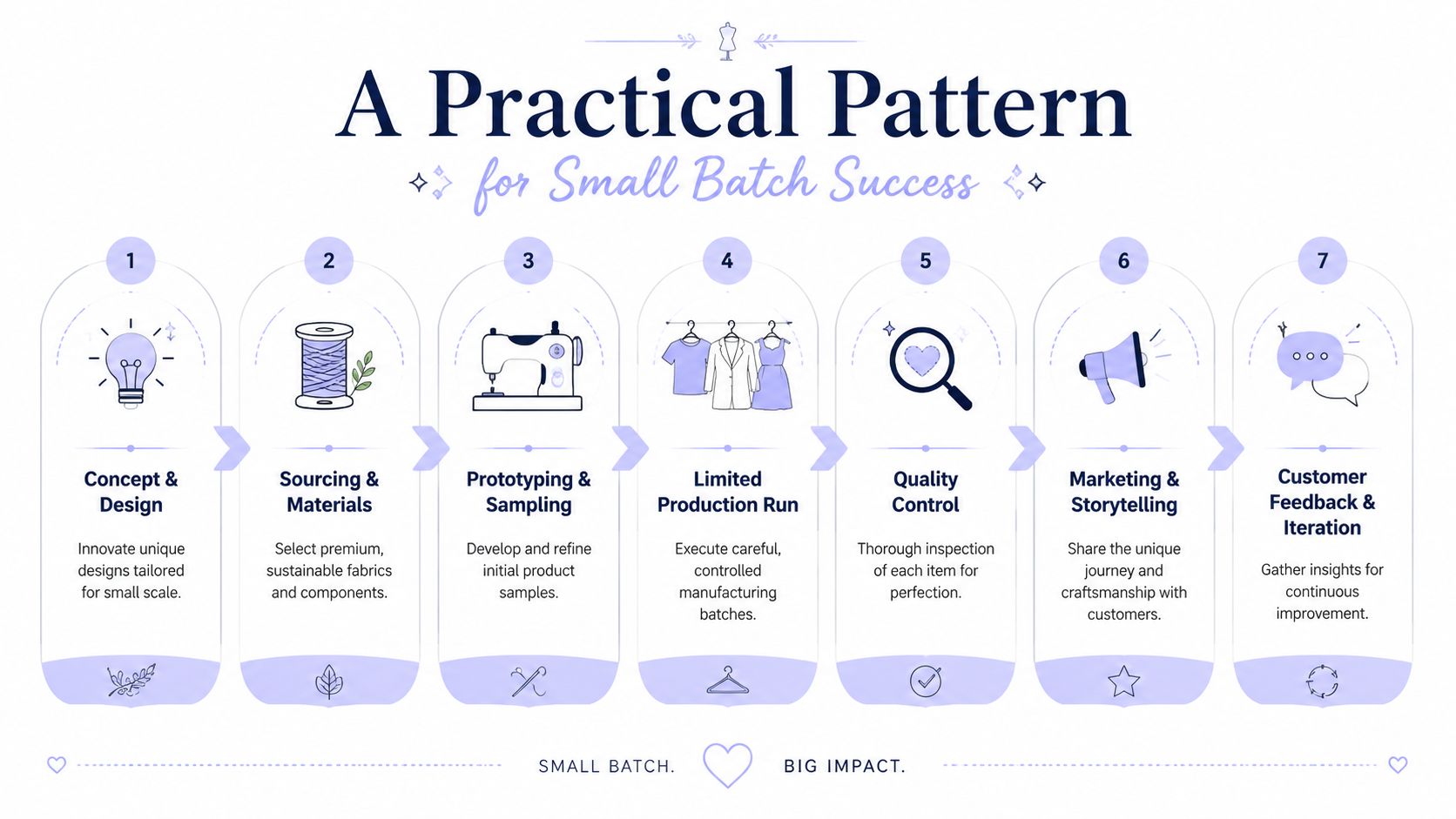 A seven-step process diagram illustrating a practical pattern for small batch production success in clothing manufacturing.