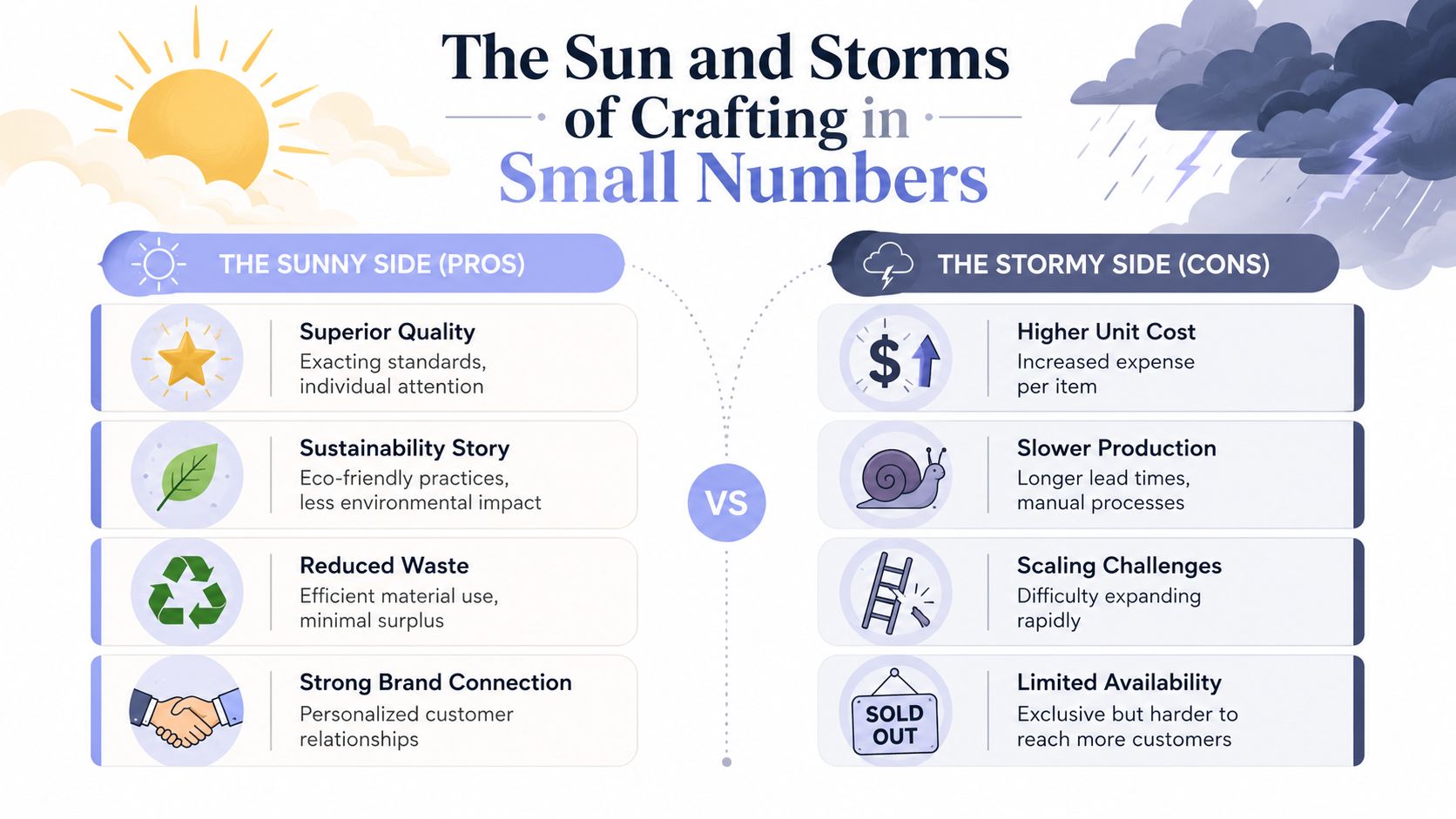 An infographic comparing the pros and cons of crafting products in small batch production numbers.