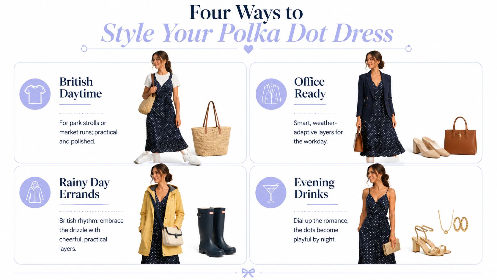 Four different ways to style a navy polka dot midi dress for various occasions and weather conditions.