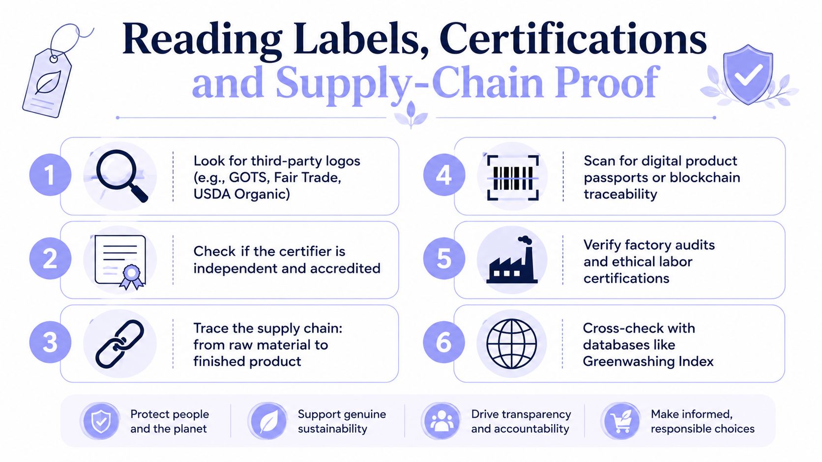 An infographic titled Reading Labels, Certifications and Supply-Chain Proof, showing six steps to verify sustainable product claims.