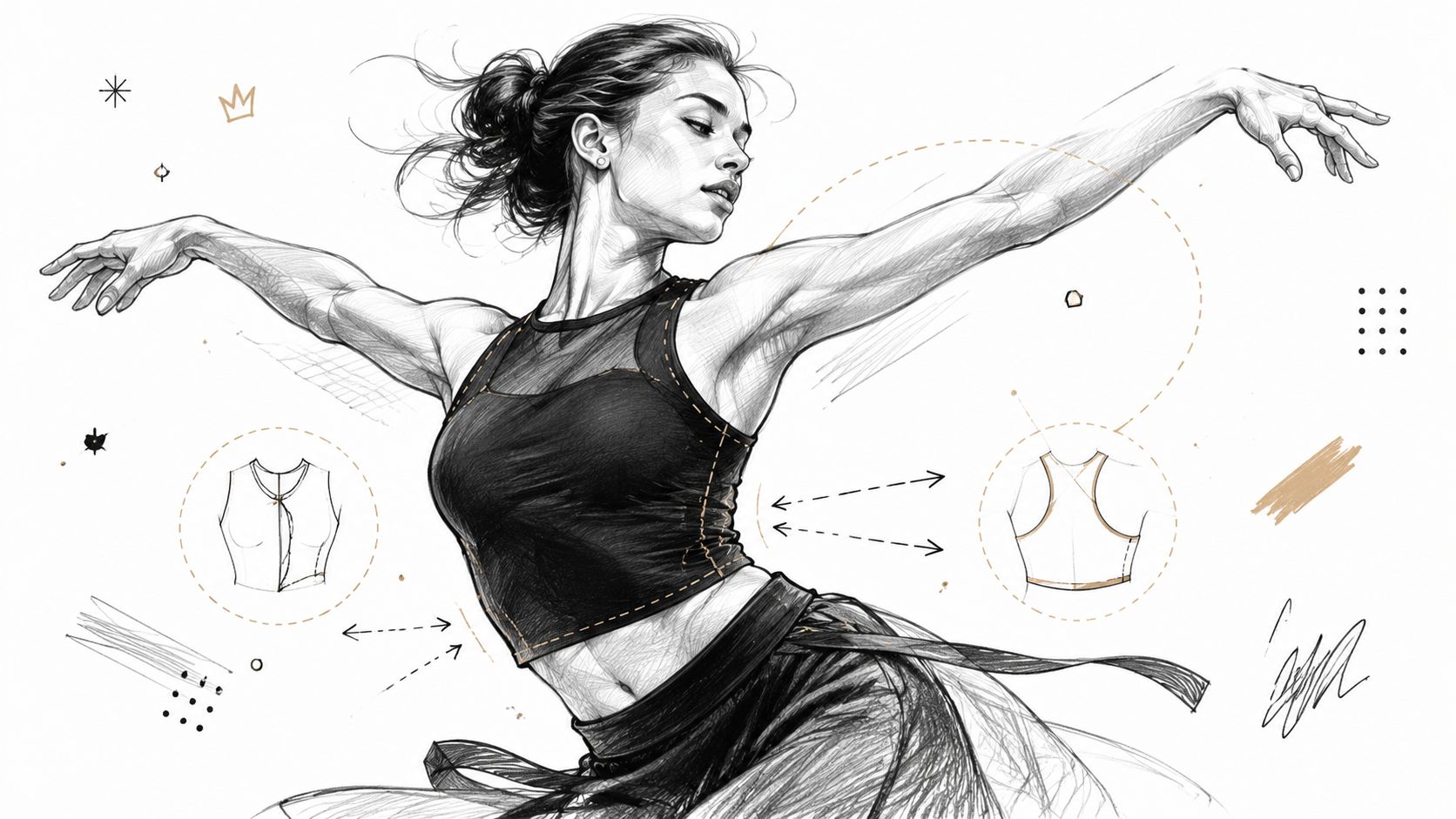 A pencil sketch of a ballerina in a sports crop top with fashion design technical drawing details.