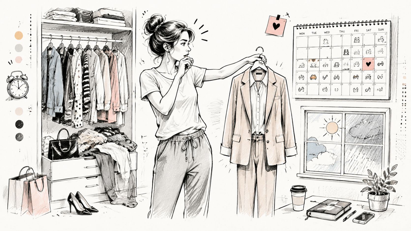 A young woman pondering her outfit choices in front of a closet and a calendar