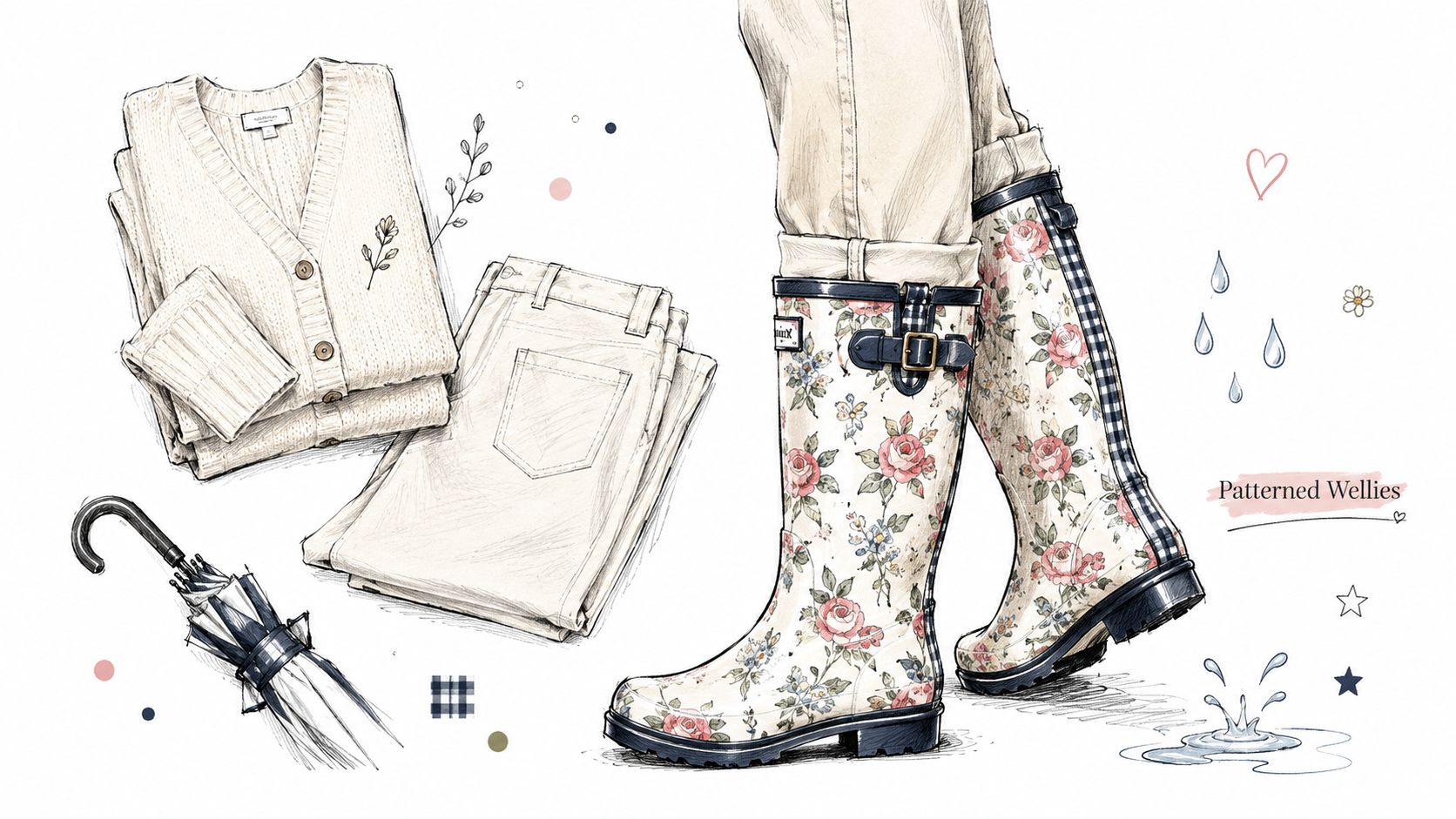 A fashion illustration of a cozy rainy day outfit featuring a cardigan, trousers, and floral rain boots.