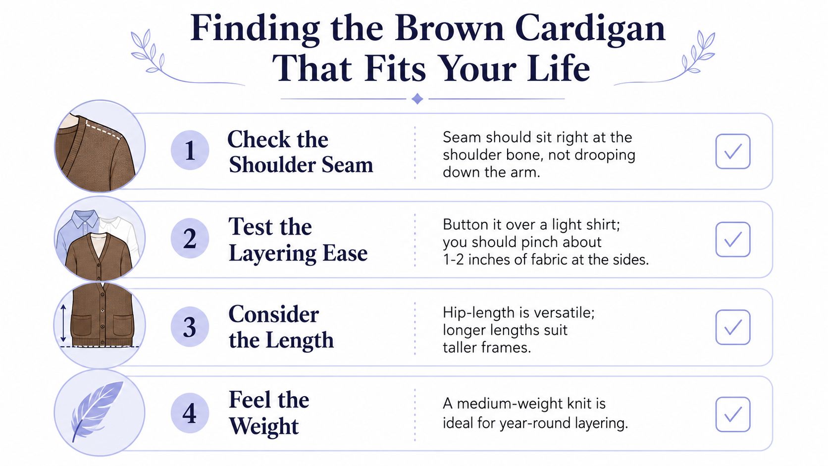 An infographic titled Finding the Brown Cardigan That Fits Your Life with four tips for proper fit.