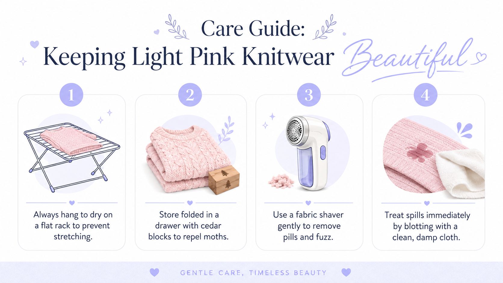 An infographic titled Care Guide for light pink knitwear showing four steps to maintain sweaters and cardigans.