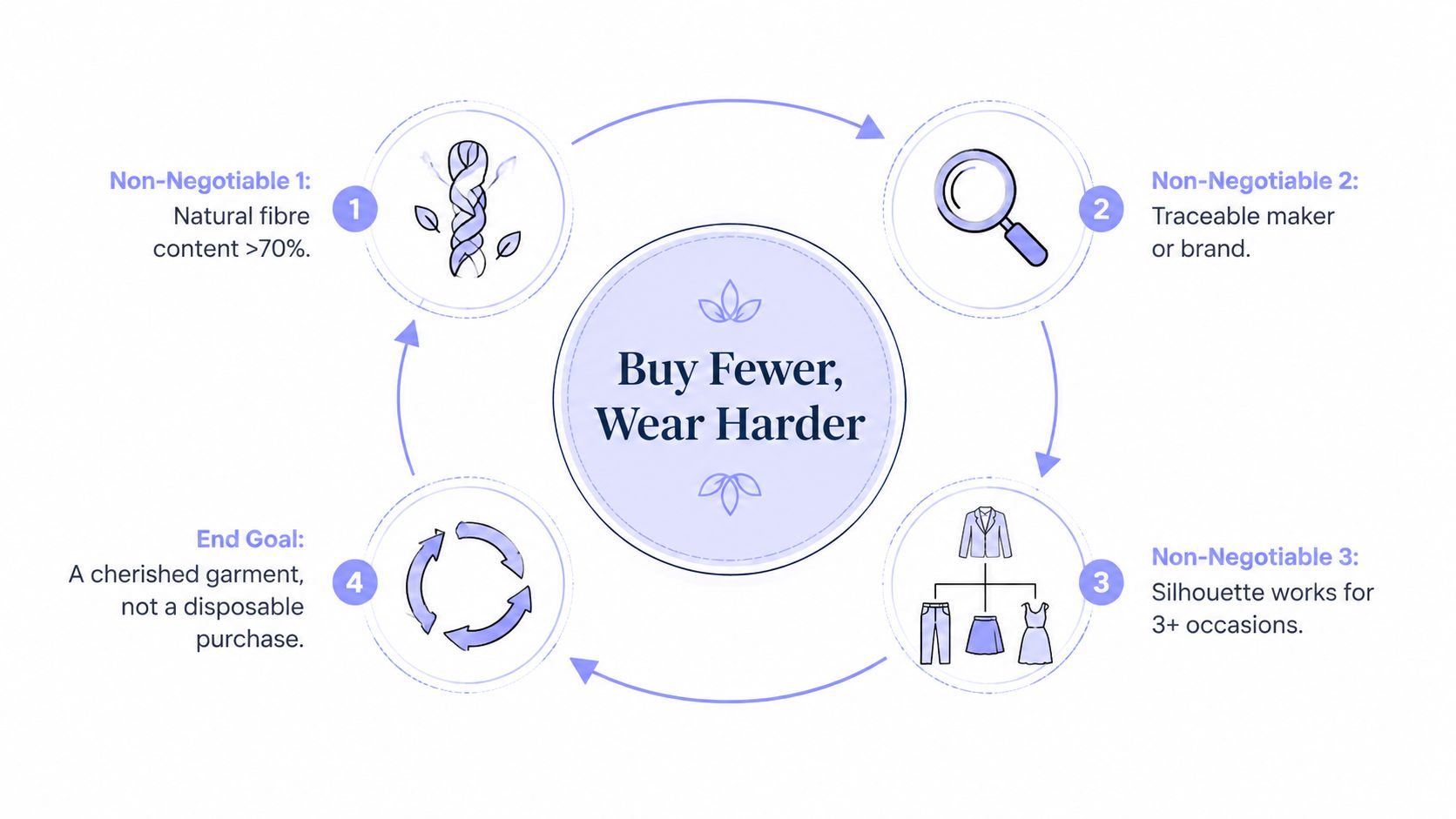 A circular infographic illustrating four steps for sustainable fashion with the central text Buy Fewer, Wear Harder.