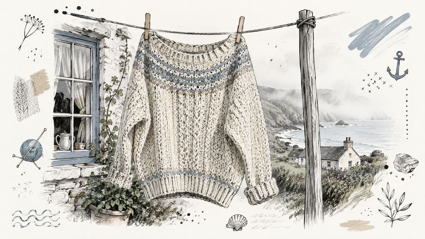 A hand-drawn illustration of a chunky knit wool sweater drying on a clothesline by a coastal cottage.