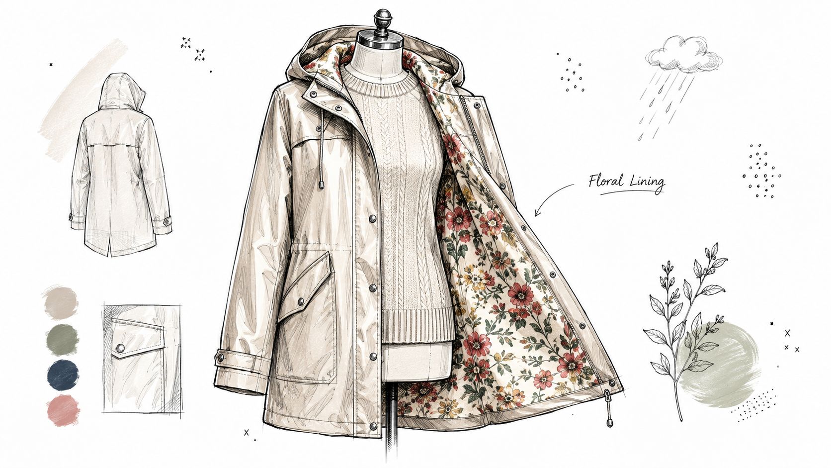 A fashion illustration sketch of a beige raincoat with floral lining worn over a knitted sweater.