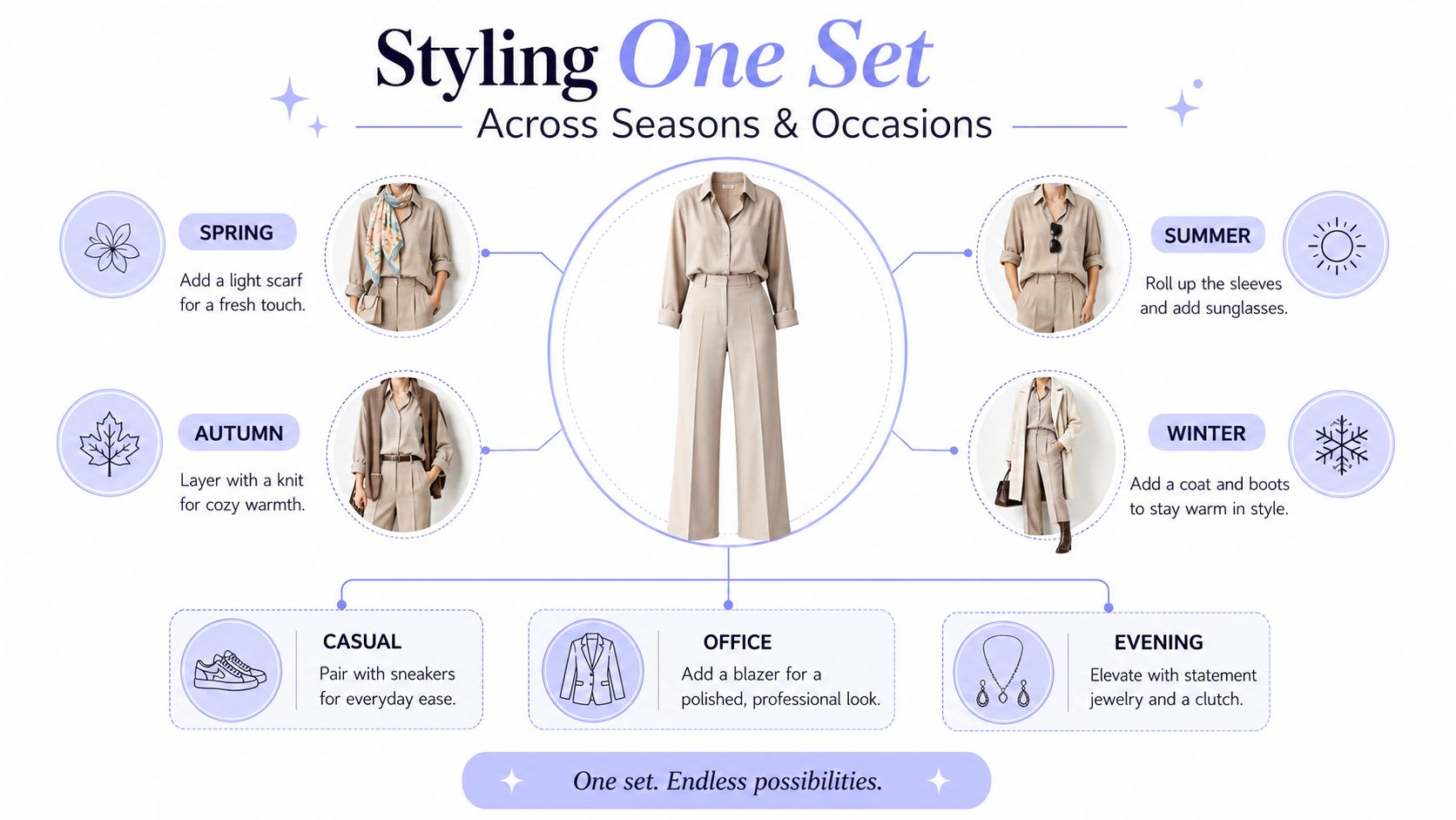 An infographic showing four seasonal styling tips and three occasion-based styling ideas for a neutral beige outfit set.