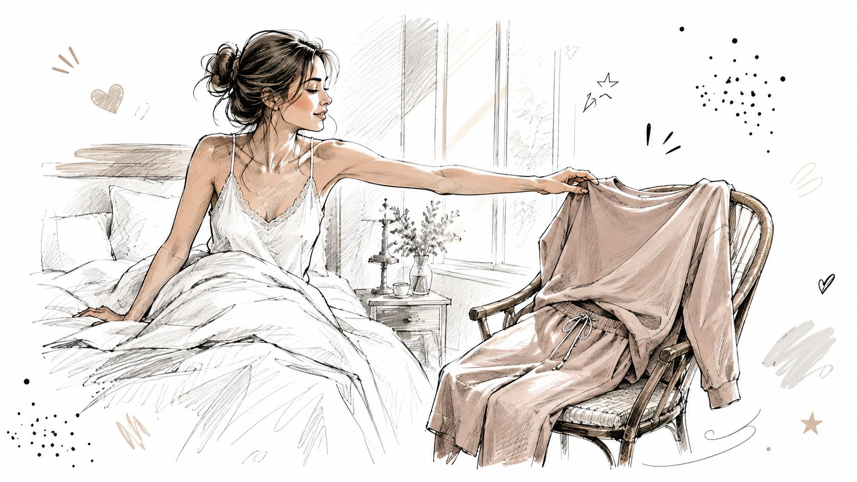 A sketched illustration of a woman in bed reaching out towards a soft loungewear set on a chair.