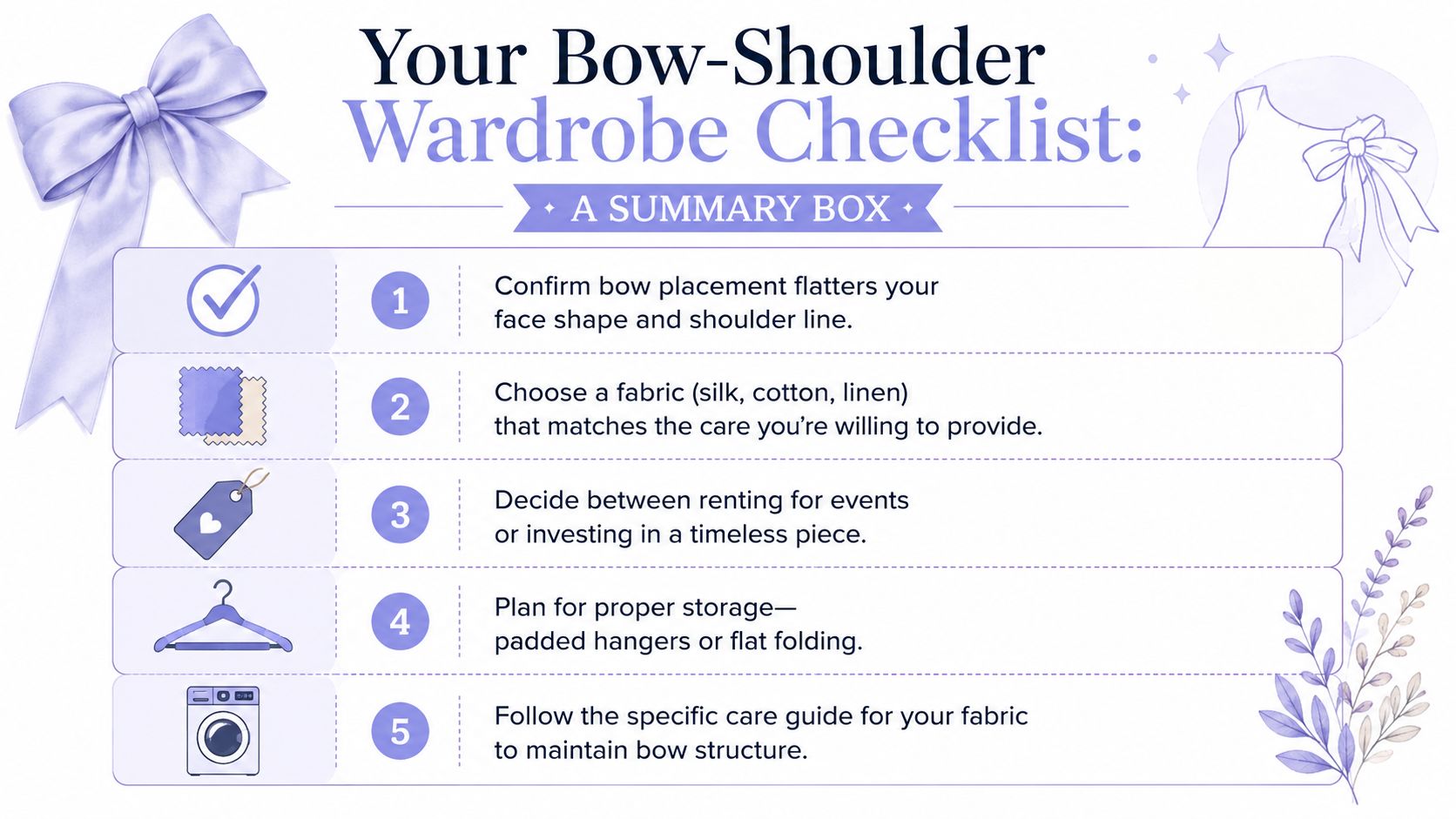 A checklist titled Your Bow-Shoulder Wardrobe Checklist with five numbered tips for styling and maintaining bow-shouldered clothing.