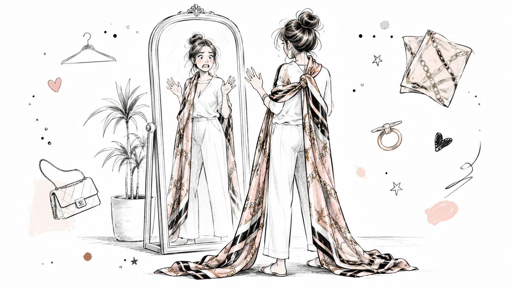A fashion illustration of a woman looking surprised while styling a long chain print scarf in a mirror.
