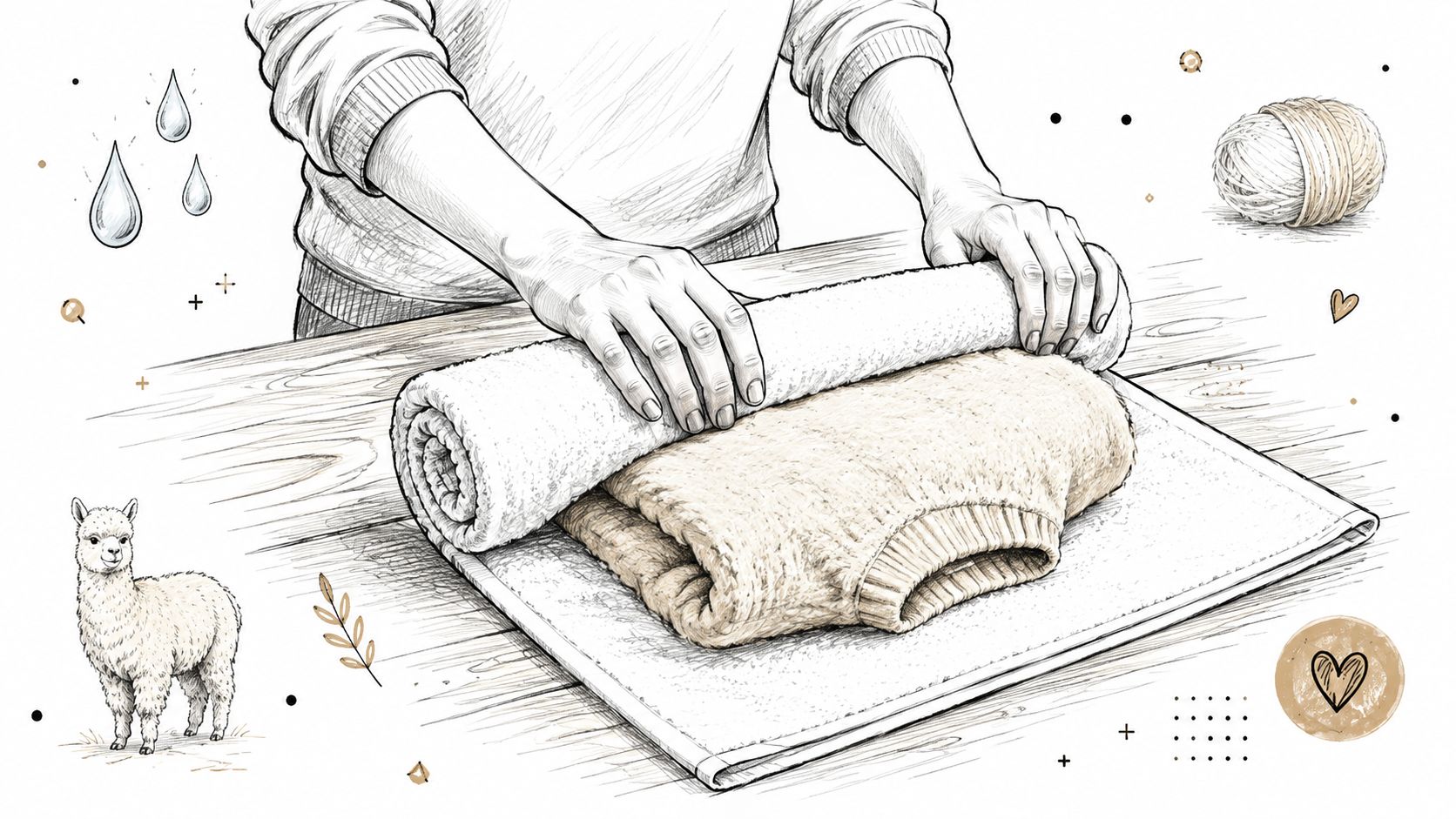 A line art illustration showing hands rolling a damp alpaca sweater inside a towel for drying.