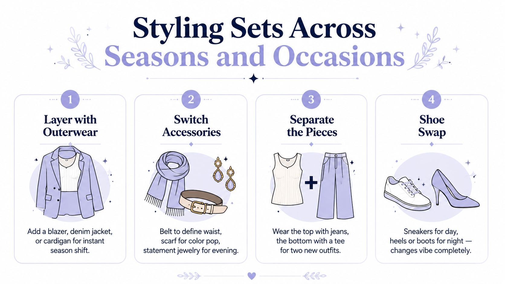 An infographic titled Styling Sets Across Seasons and Occasions showing four tips for styling matching outfits.