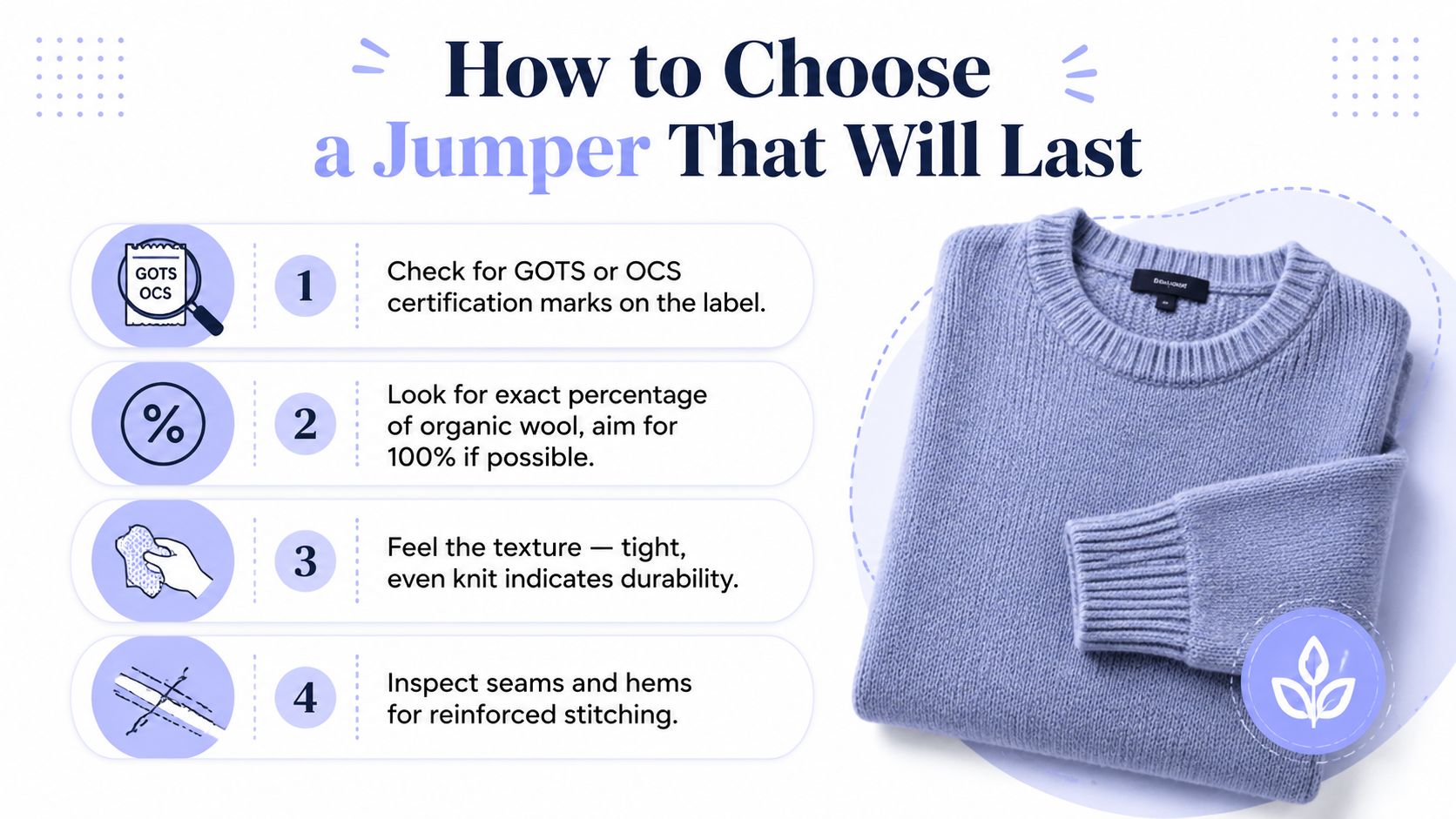 A four-step infographic providing tips on choosing a durable jumper, including checking labels and examining stitching.