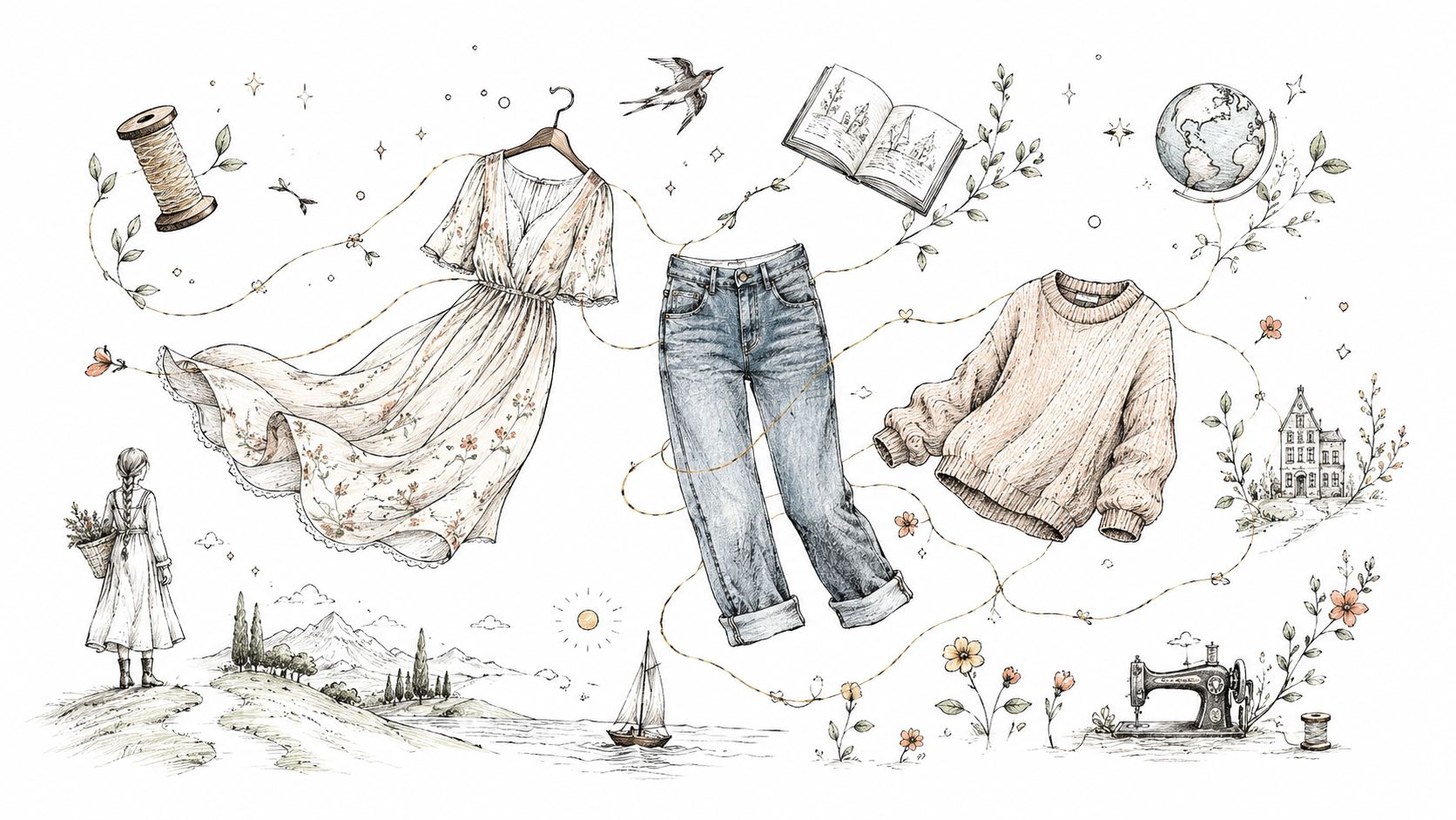 A whimsical hand-drawn illustration featuring clothes, a sewing machine, nature elements, and a girl looking at mountains.