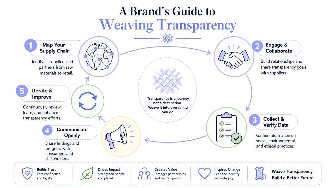 An infographic titled A Brand's Guide to Weaving Transparency outlining five key steps for business supply chains.