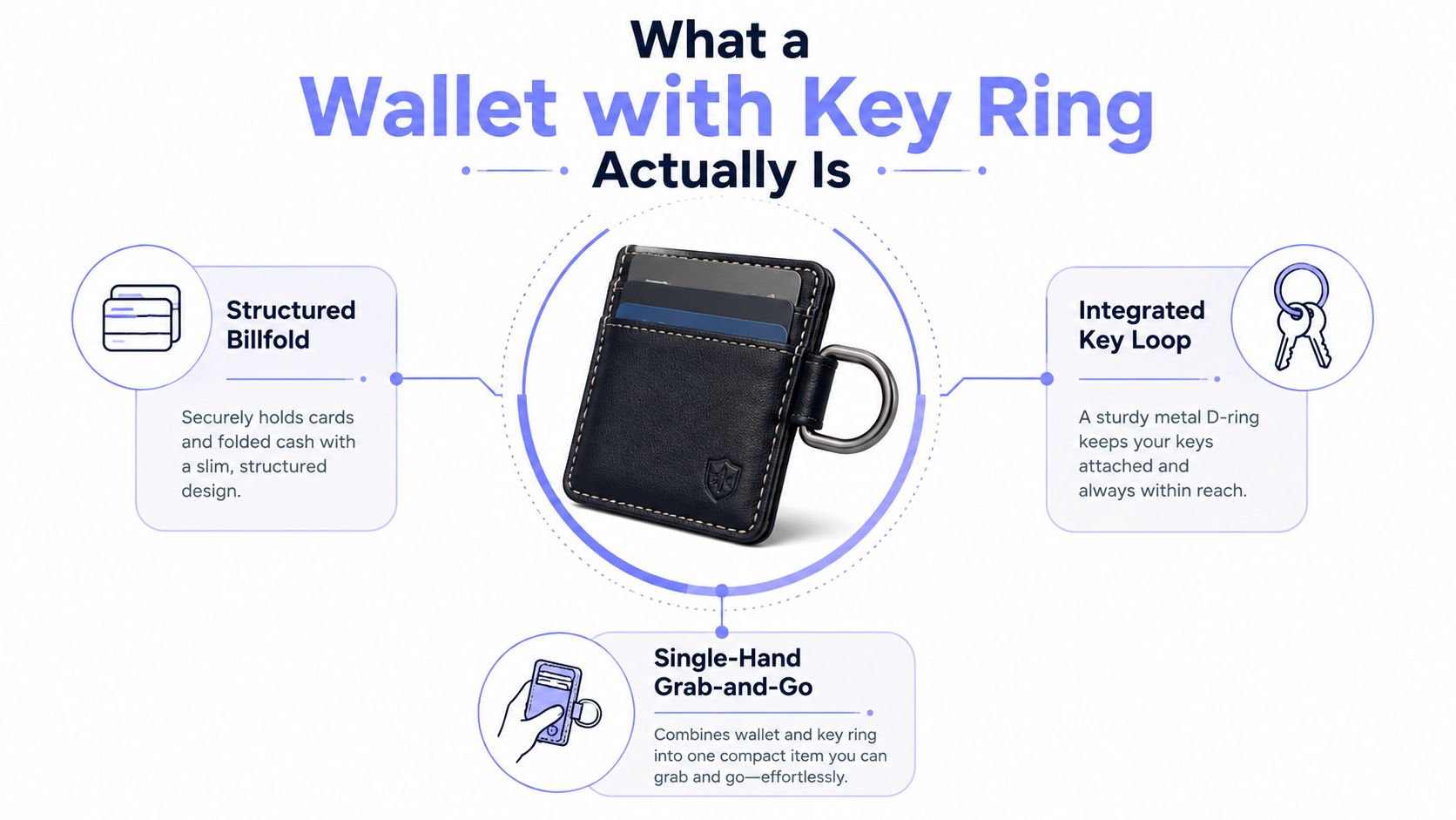 A slim black leather wallet with an integrated metal D-ring for holding keys and credit cards.