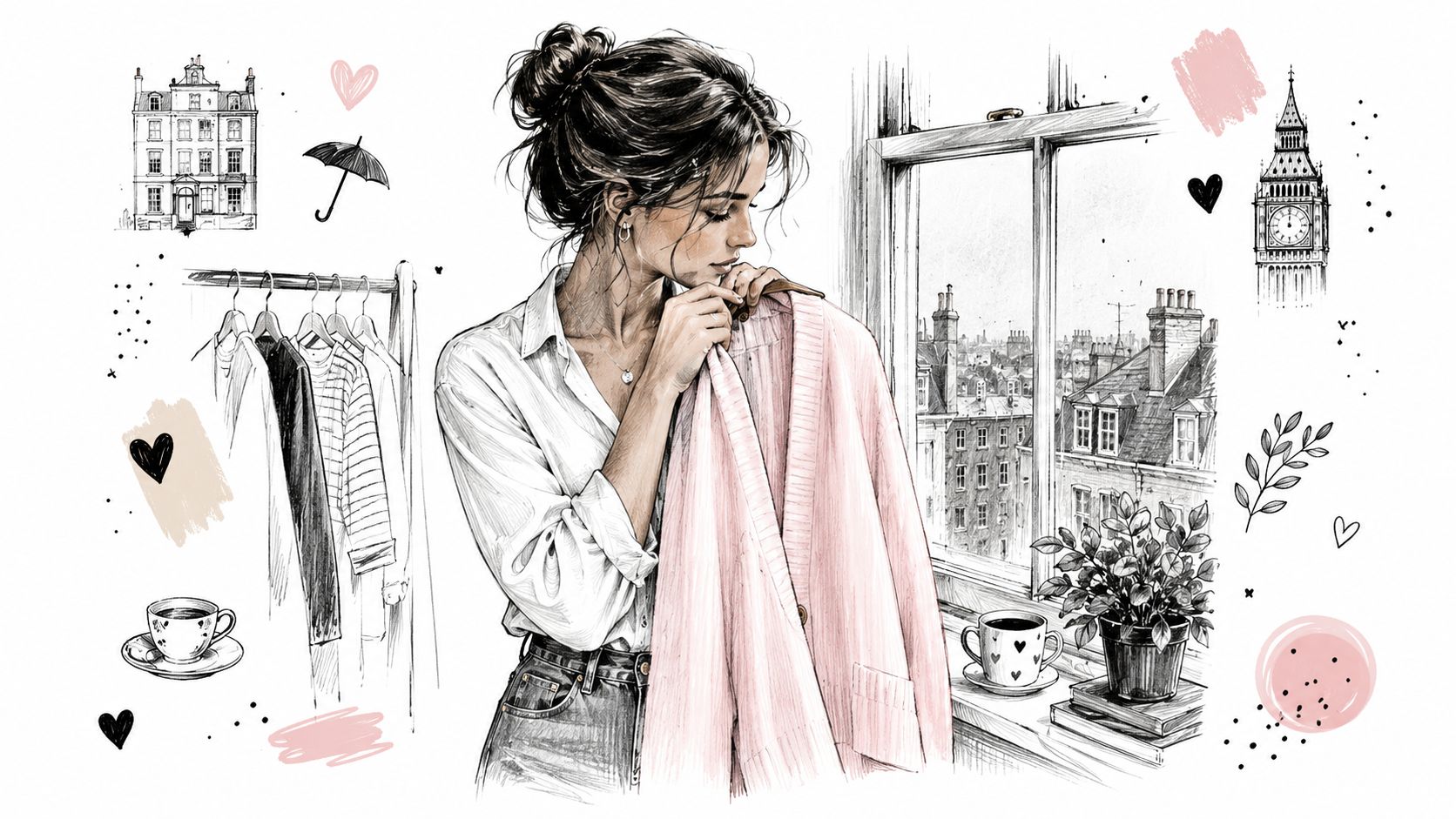 An elegant fashion illustration of a woman looking at a soft light pink sweater cardigan.