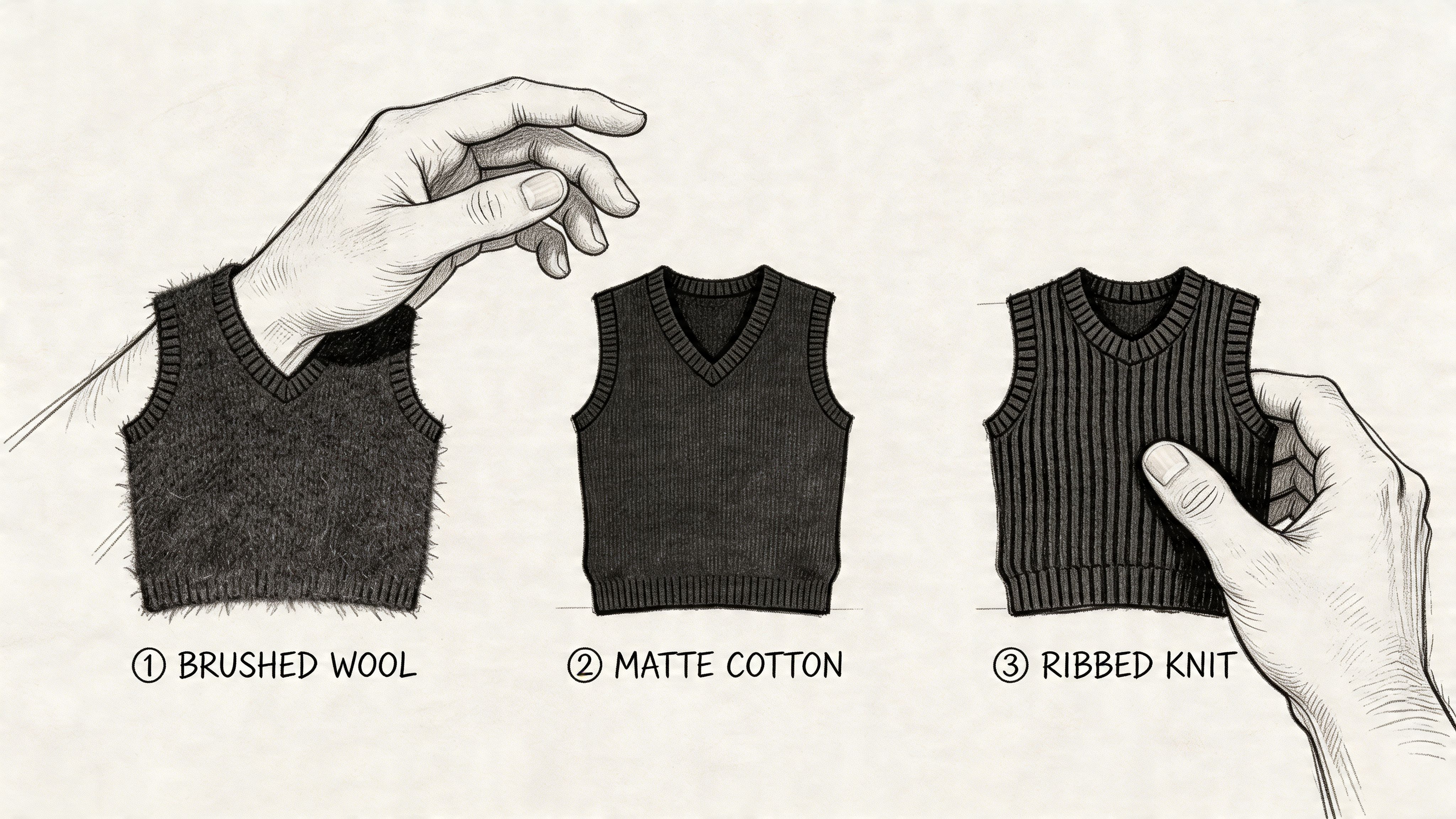 A hand-drawn illustration comparing three different textures of a black jumper vest, labeled by fabric type.