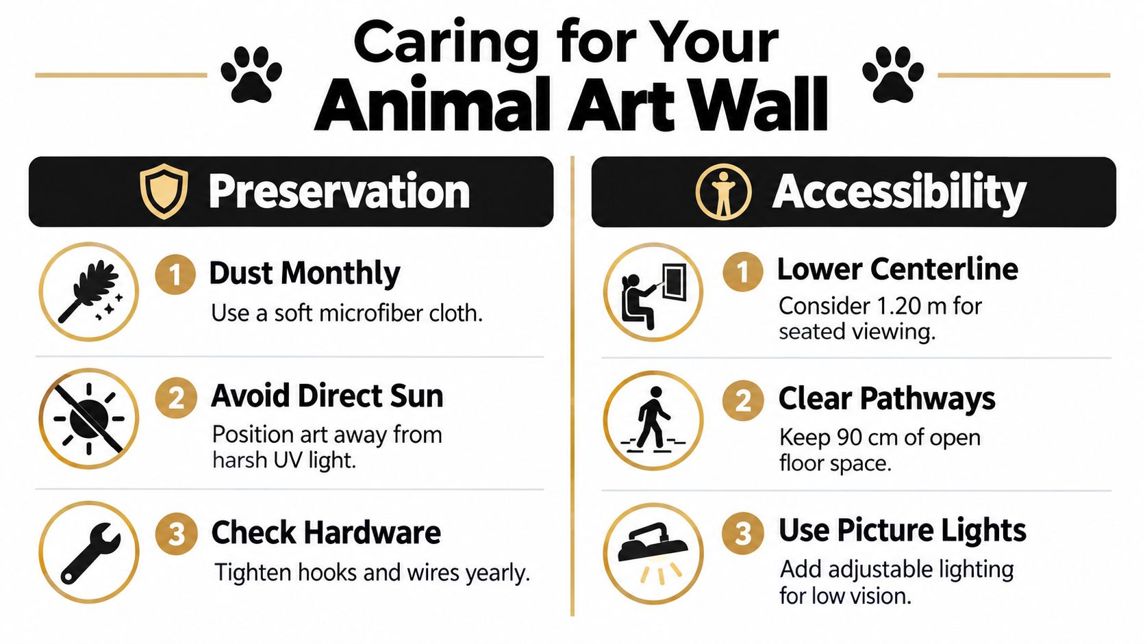 An infographic titled Caring for Your Animal Art Wall with tips for preservation and accessibility of artwork.