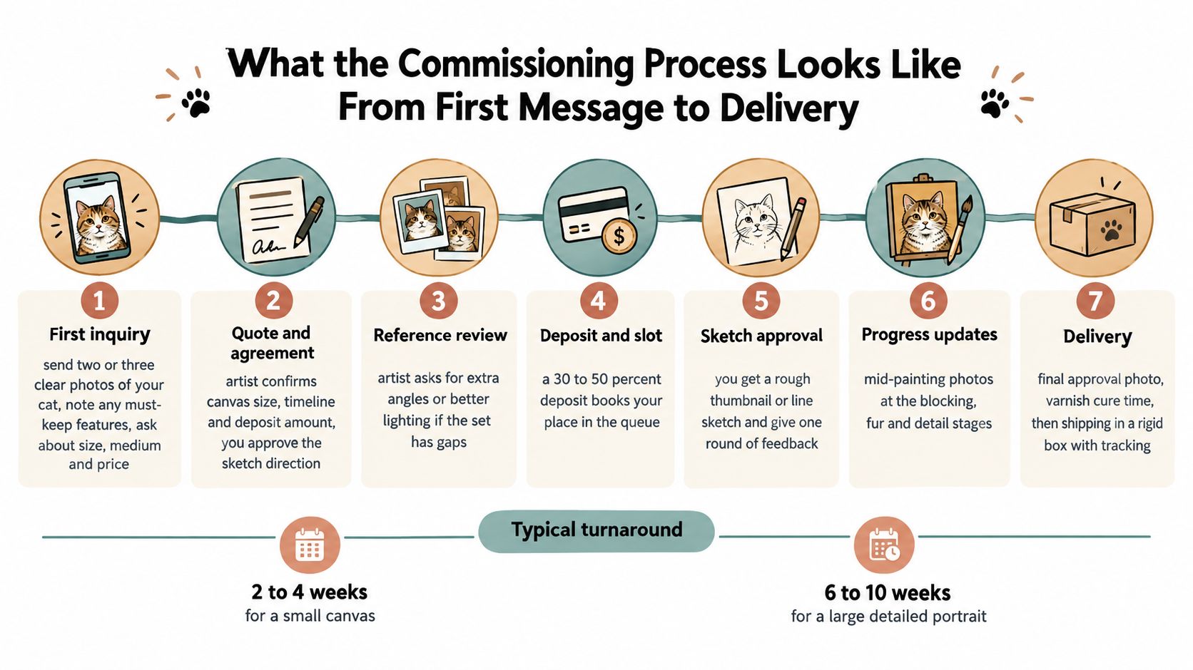 A step-by-step infographic illustrating the professional commissioning process for a custom cat portrait from inquiry to delivery.