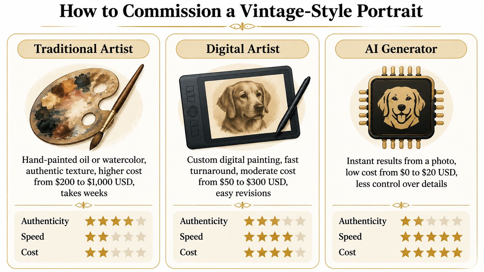 A comparison infographic showing three ways to commission a vintage-style dog portrait: traditional, digital, and AI.