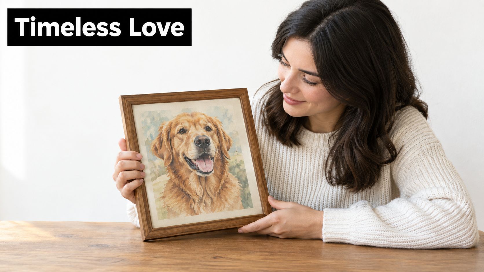 A woman smiling warmly while holding a framed watercolor painting of a golden retriever dog indoors.