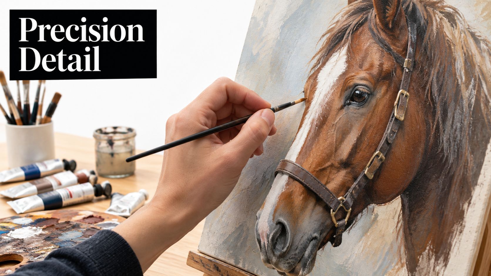 An artist carefully paints detailed horse portrait on a canvas with a fine brush in a studio.