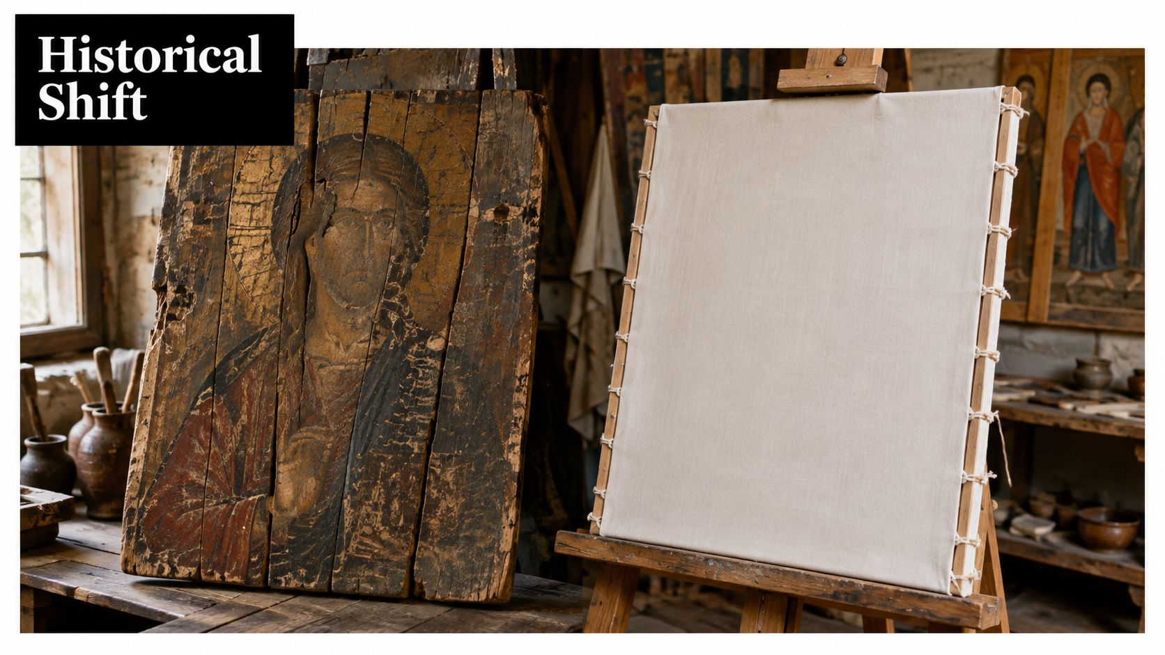 An old wooden icon panel placed next to a blank white canvas on a wooden artist easel.