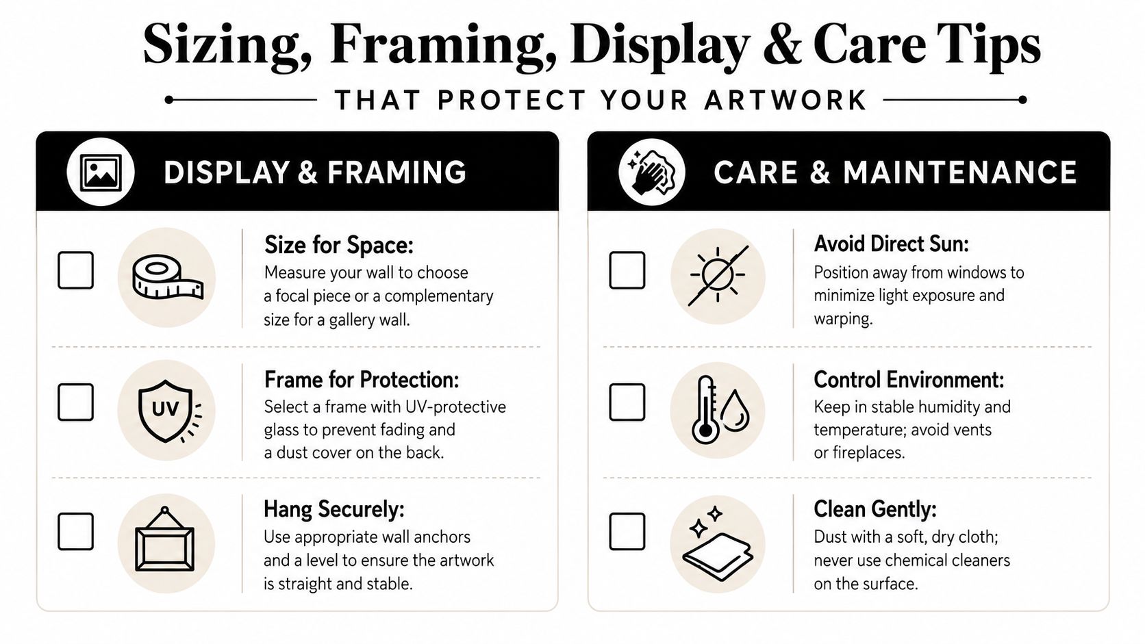 An infographic titled Sizing, Framing, Display & Care Tips offering advice for protecting and displaying artwork.