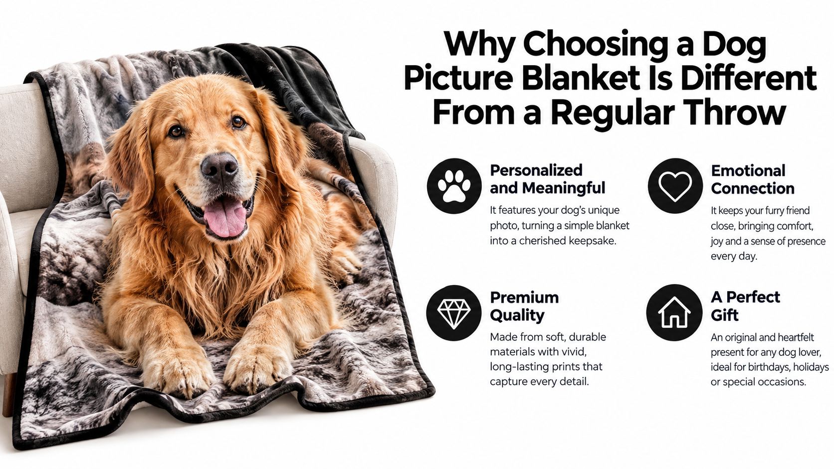 A cozy throw blanket featuring a high-quality photo of a happy golden retriever dog on a sofa.