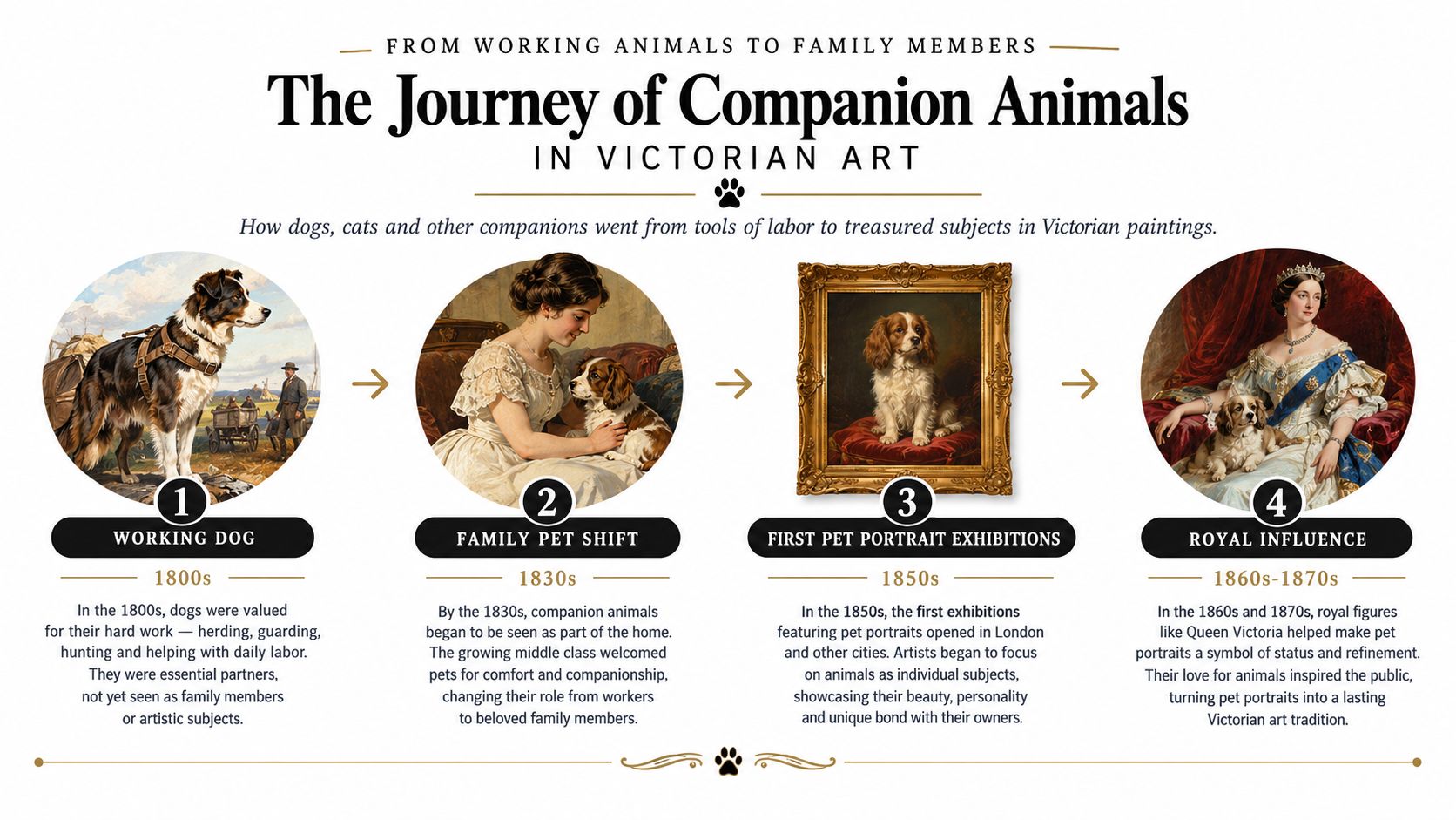 A timeline graphic illustrating the evolution of companion animals in Victorian art from workers to family members.