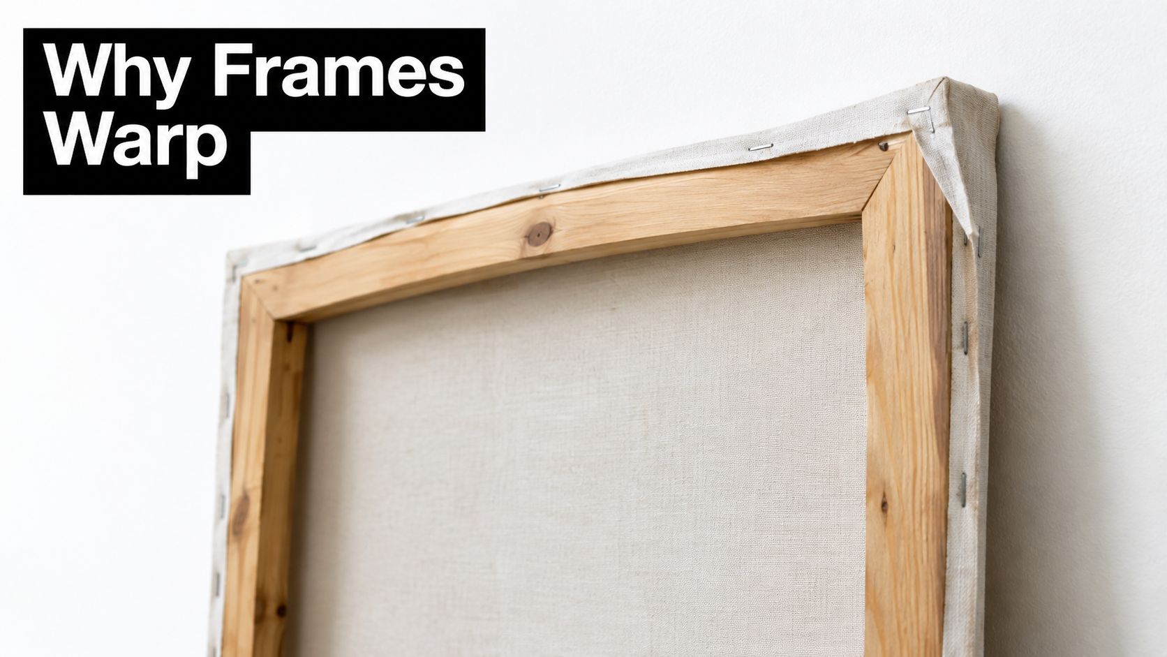 The back of a stretched canvas painting frame showing the wooden bars and the stapled canvas fabric.