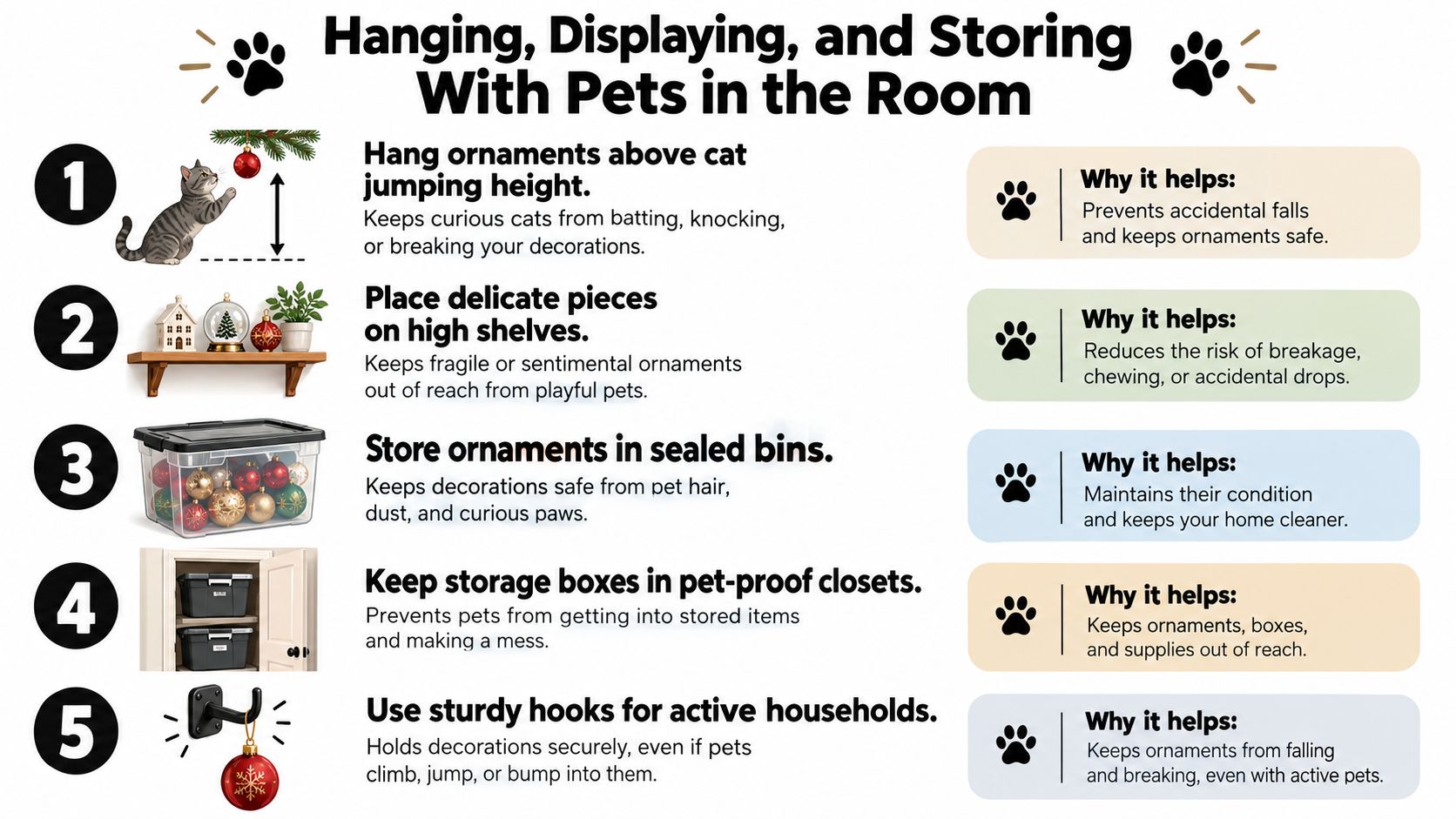 A five-step guide for hanging, displaying, and storing Christmas ornaments safely in homes with active pets.