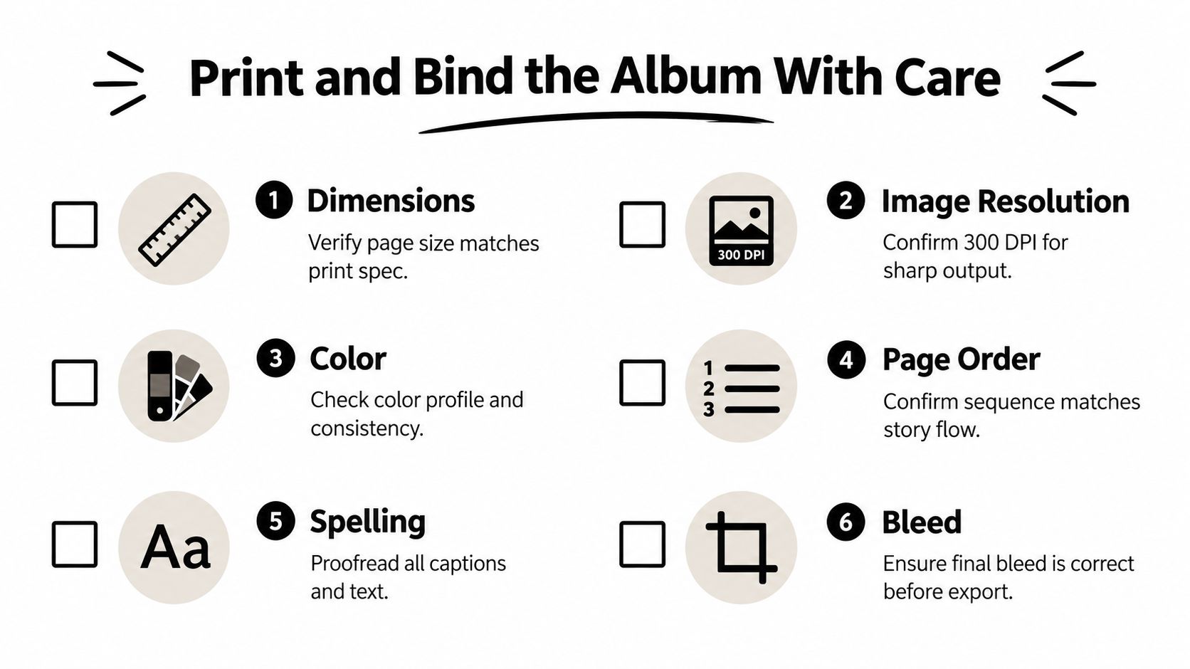 A checklist titled Print and Bind the Album With Care for preparing photo albums for professional printing.