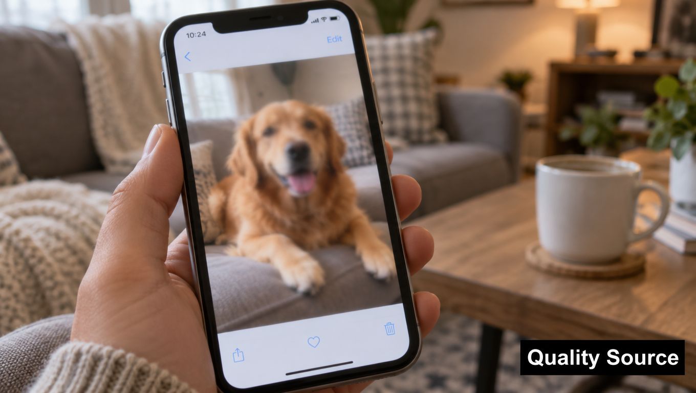 A hand holding a smartphone displaying a blurry photo of a golden retriever dog on the screen.