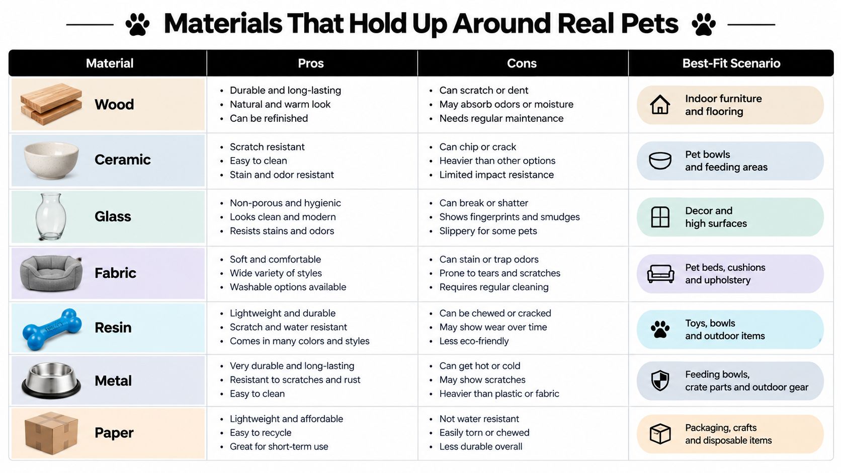 A comparison chart showing pros, cons, and best uses for different materials when living with pets.