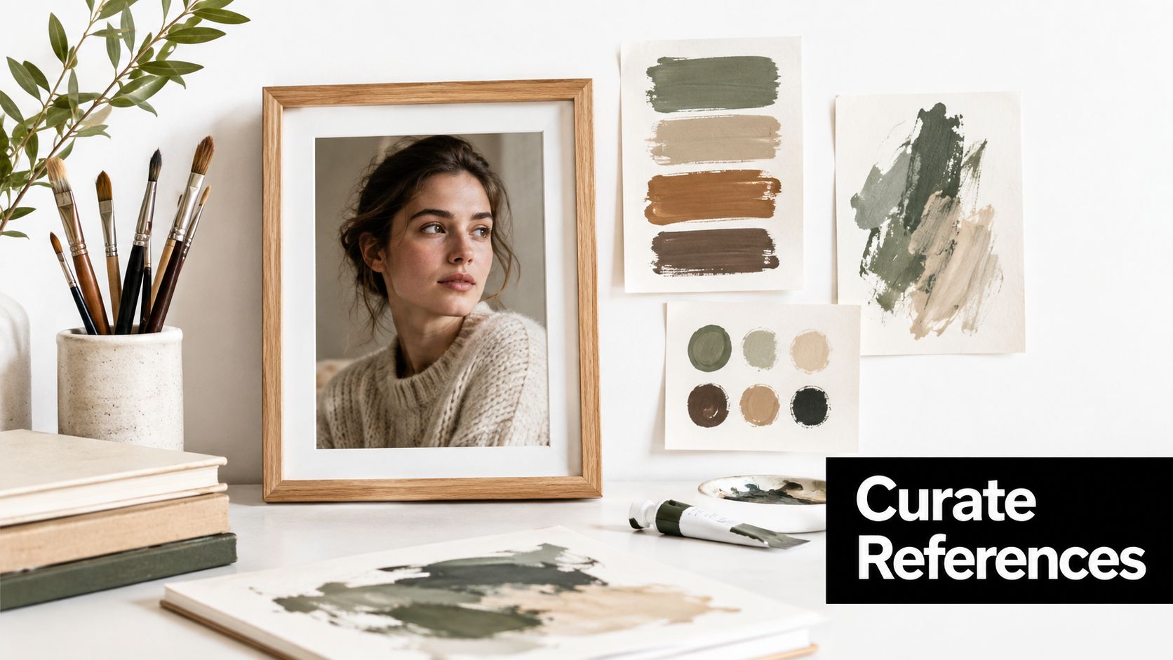 An artist's studio desk featuring a portrait photo, paint swatches, and brushes for commissioning a portrait painting.