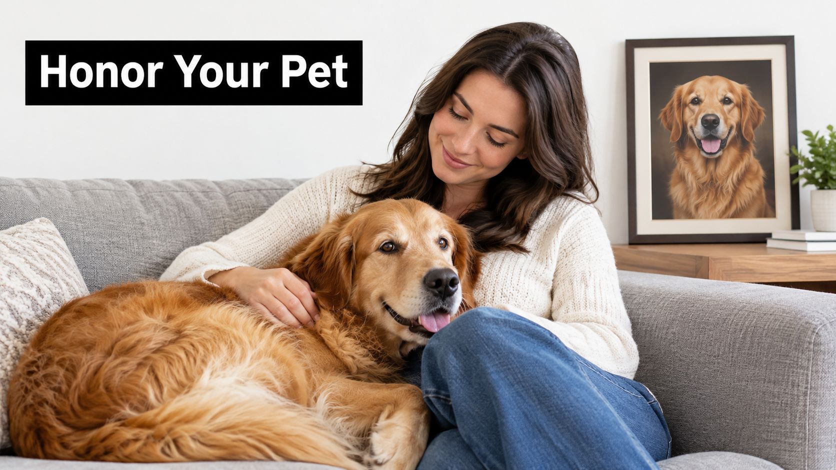 A woman sits on a couch cuddling her golden retriever beside a framed portrait of her dog.