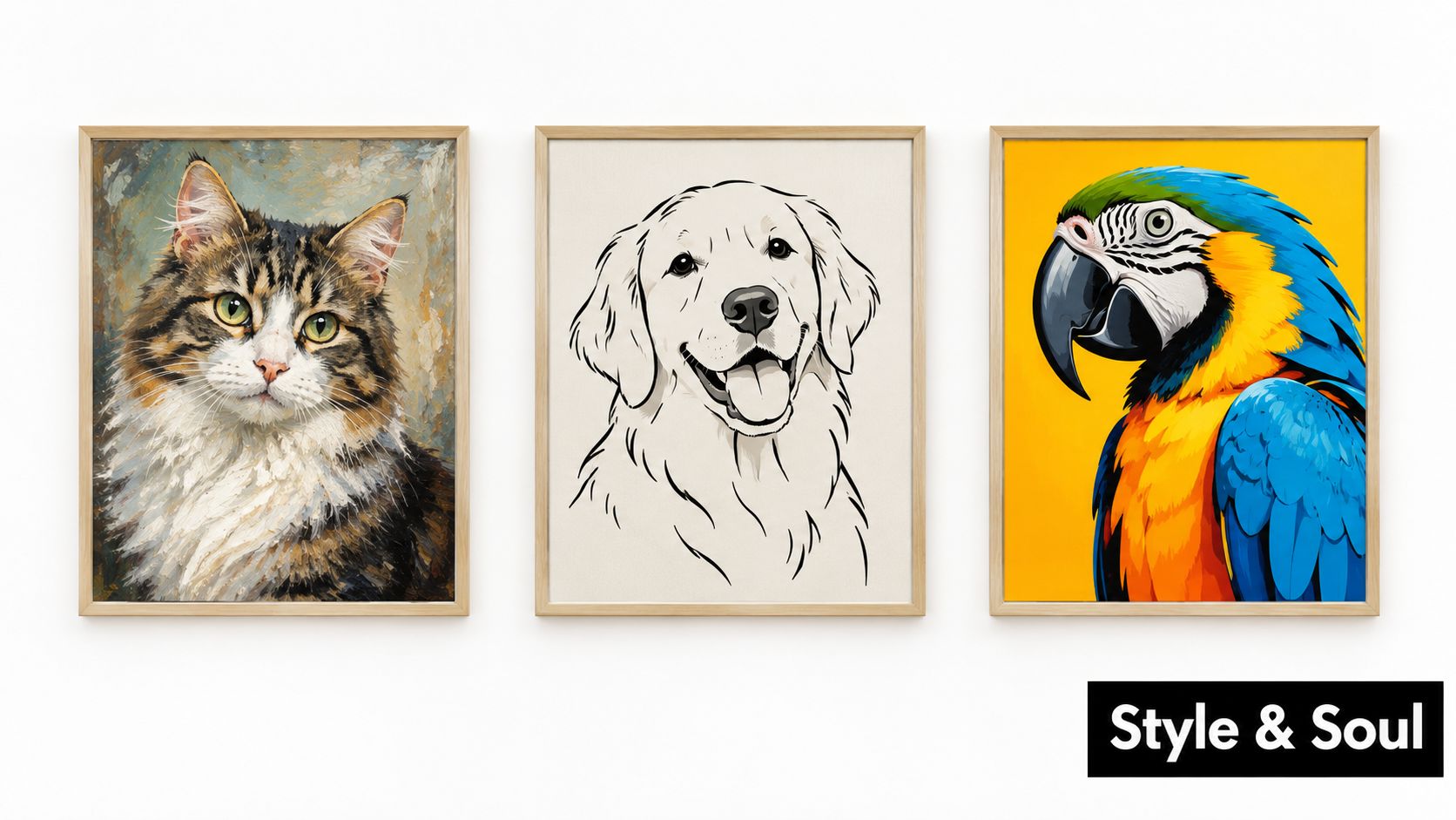 Three framed wall art prints displaying a painted cat, a line-art dog, and a colorful parrot illustration.